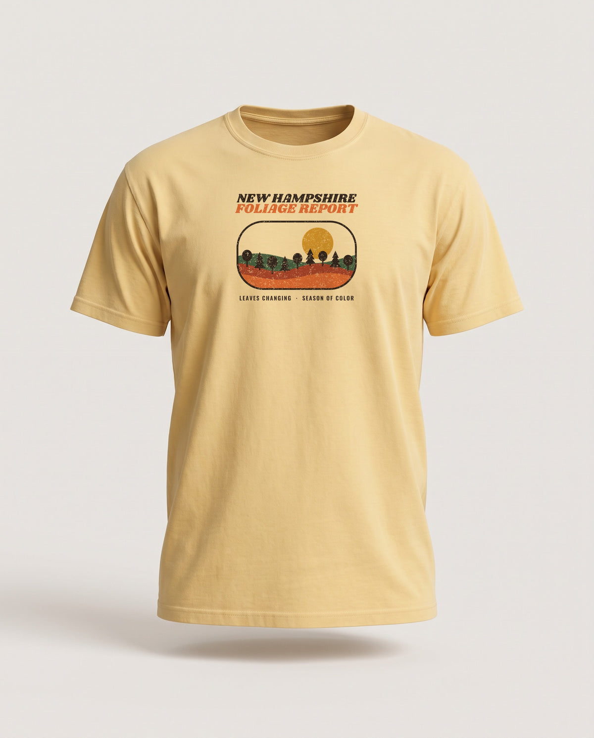 New Hampshire Foliage Report Retro Landscape T-Shirt — Butter (mockup)