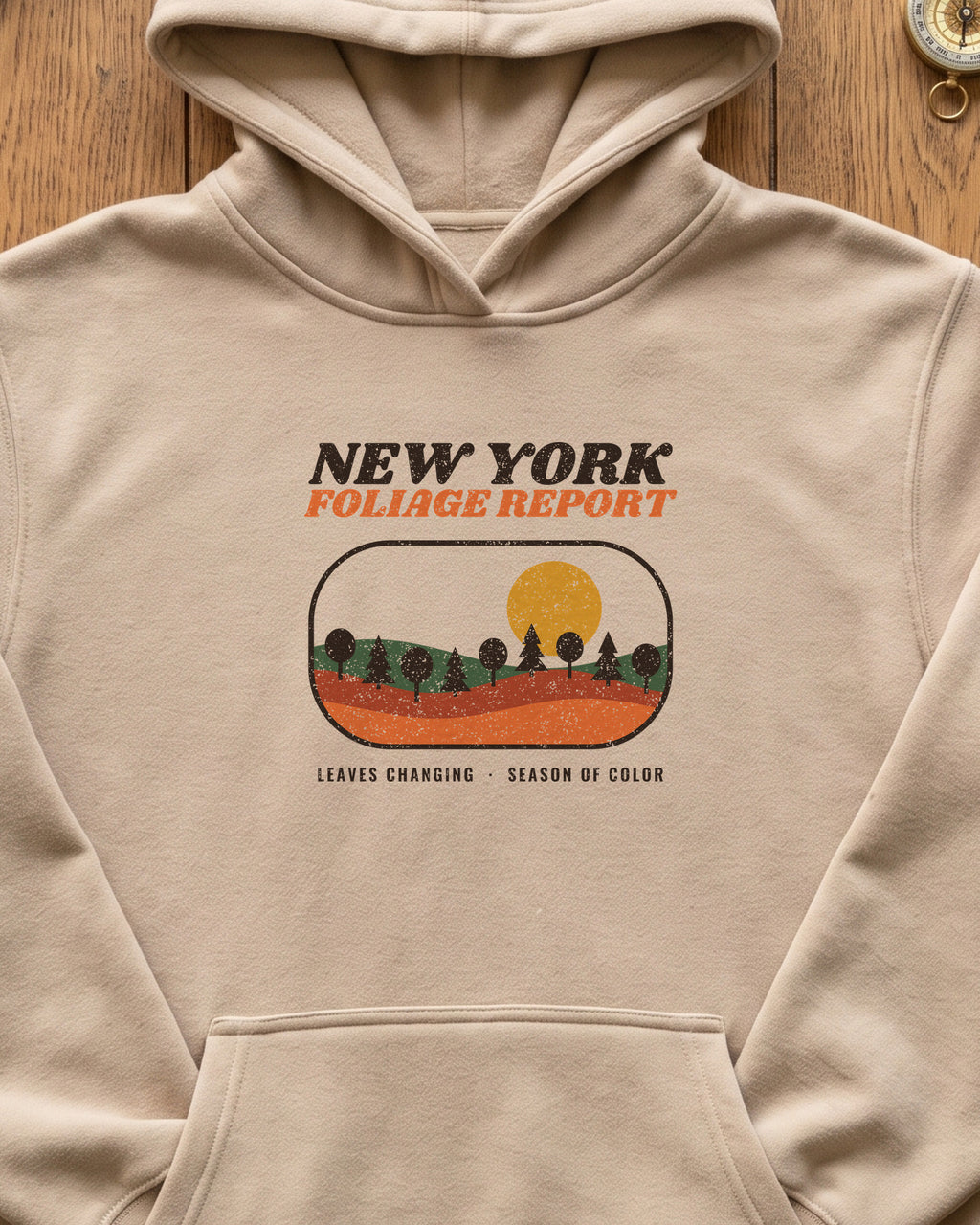 New York Foliage Report Retro Landscape Hoodie (close-up)