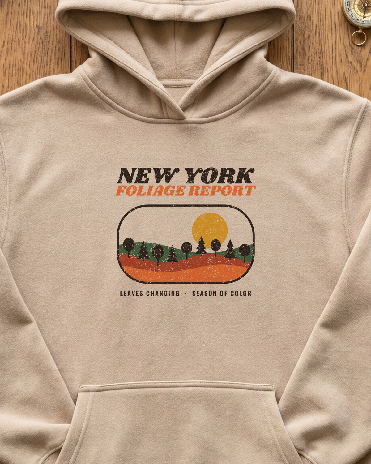 New York Foliage Report Retro Landscape Hoodie (close-up)