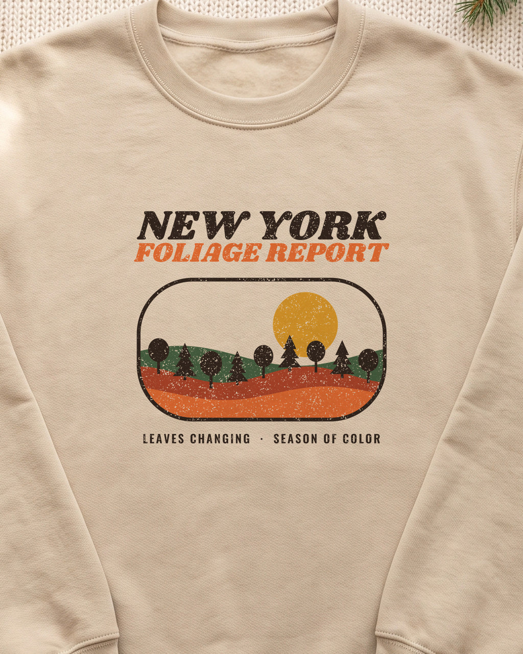 New York Foliage Report Retro Landscape Crewneck Sweatshirt (close-up)
