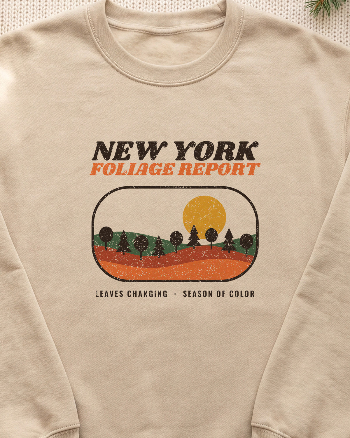 New York Foliage Report Retro Landscape Crewneck Sweatshirt (close-up)