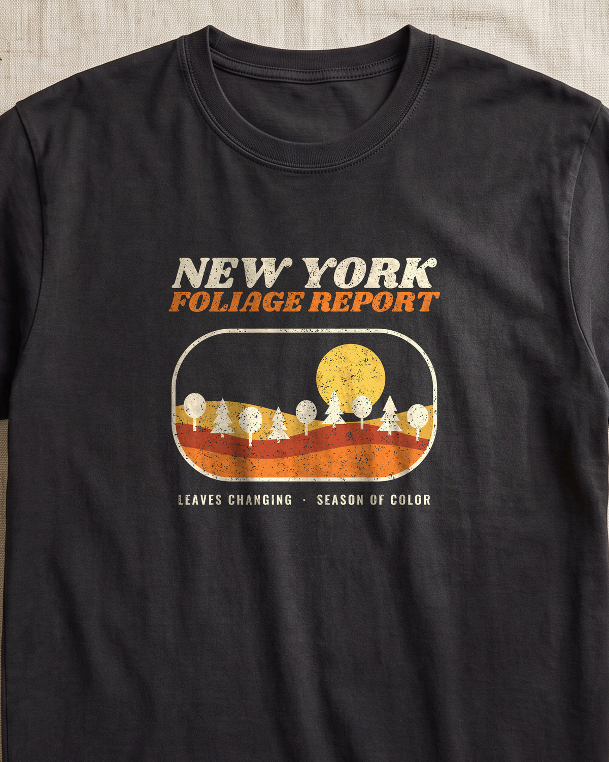 New York Foliage Report Retro Landscape T-Shirt (close-up)