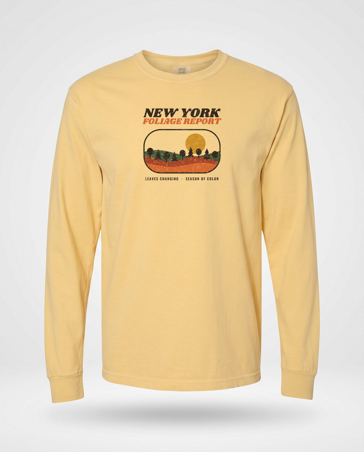 New York Foliage Report Retro Landscape Long Sleeve Tee — Butter (mockup)