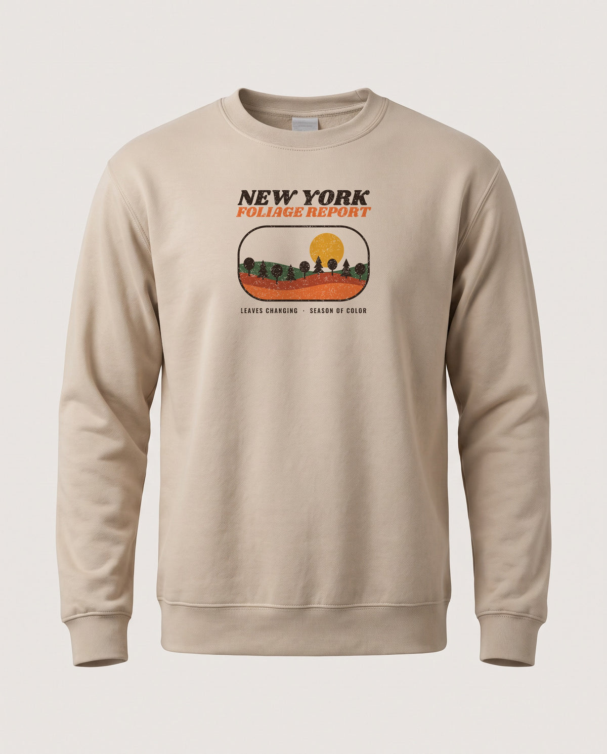 New York Foliage Report Retro Landscape Crewneck Sweatshirt — Sand (mockup)