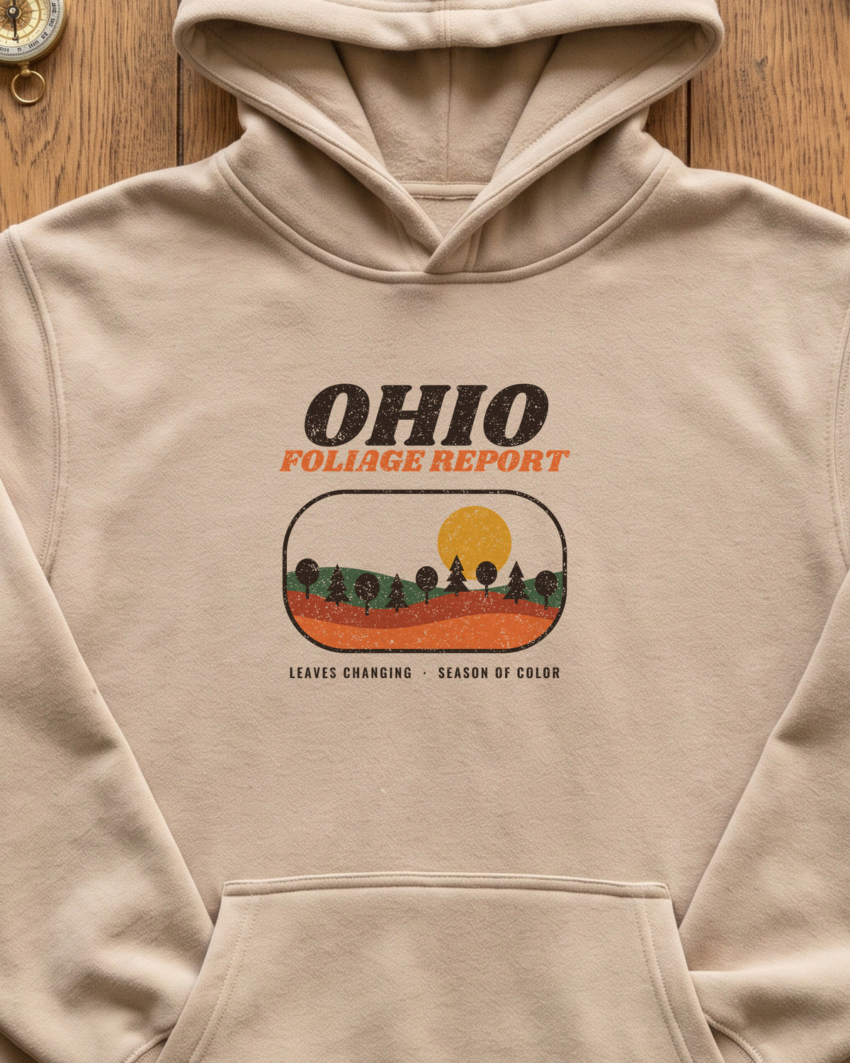Ohio Foliage Report Retro Landscape Hoodie (close-up)