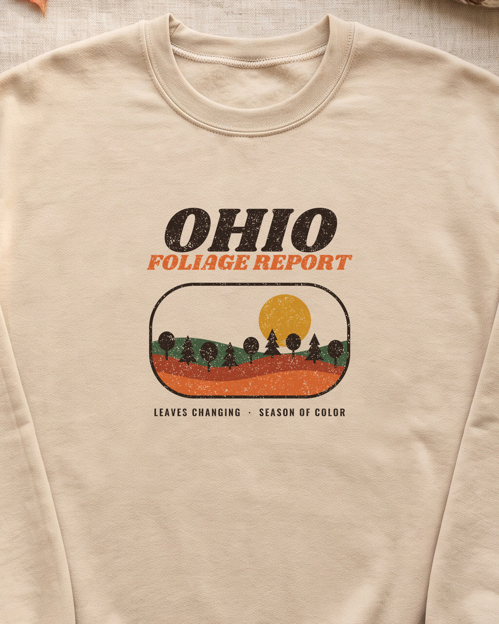 Ohio Foliage Report Retro Landscape Crewneck Sweatshirt (close-up)