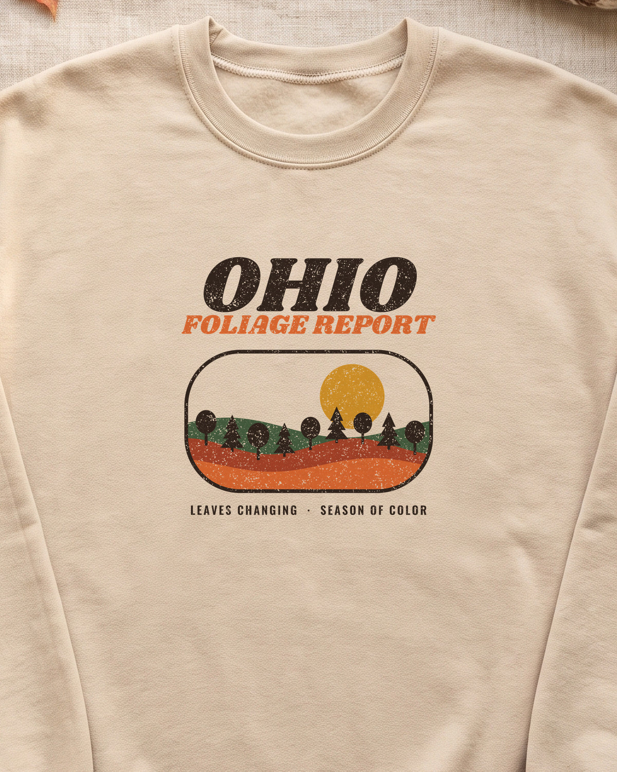Ohio Foliage Report Retro Landscape Crewneck Sweatshirt (close-up)