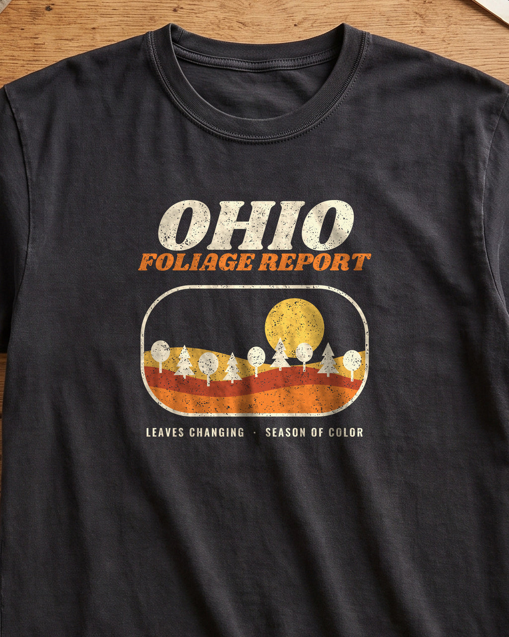 Ohio Foliage Report Retro Landscape T-Shirt (close-up)