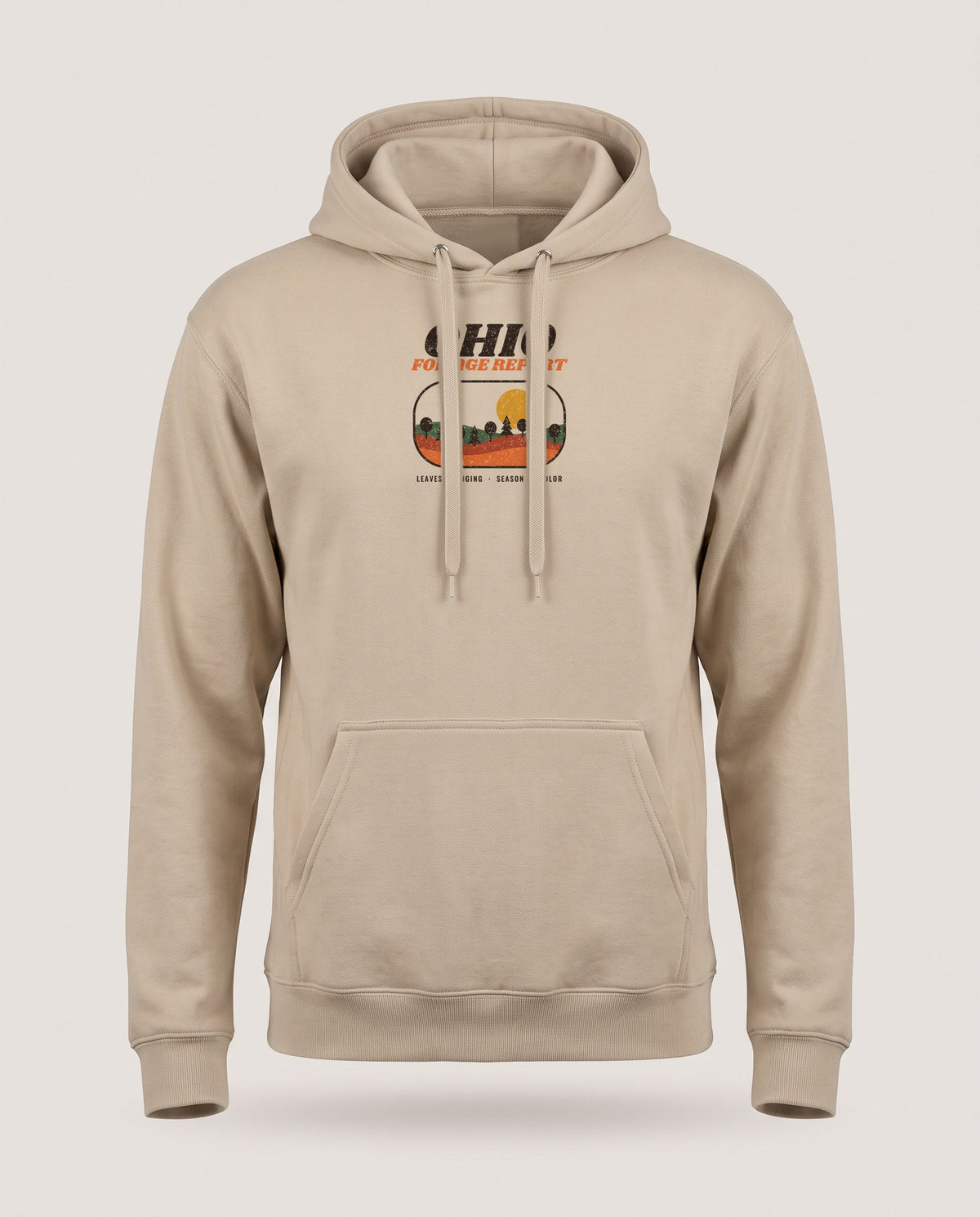Ohio Foliage Report Retro Landscape Hoodie — Sand (mockup)