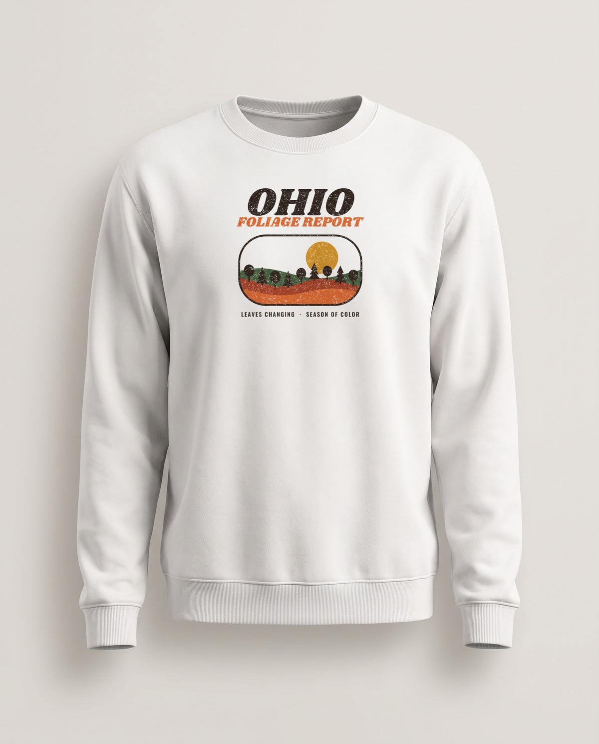 Ohio Foliage Report Retro Landscape Crewneck Sweatshirt — White (mockup)
