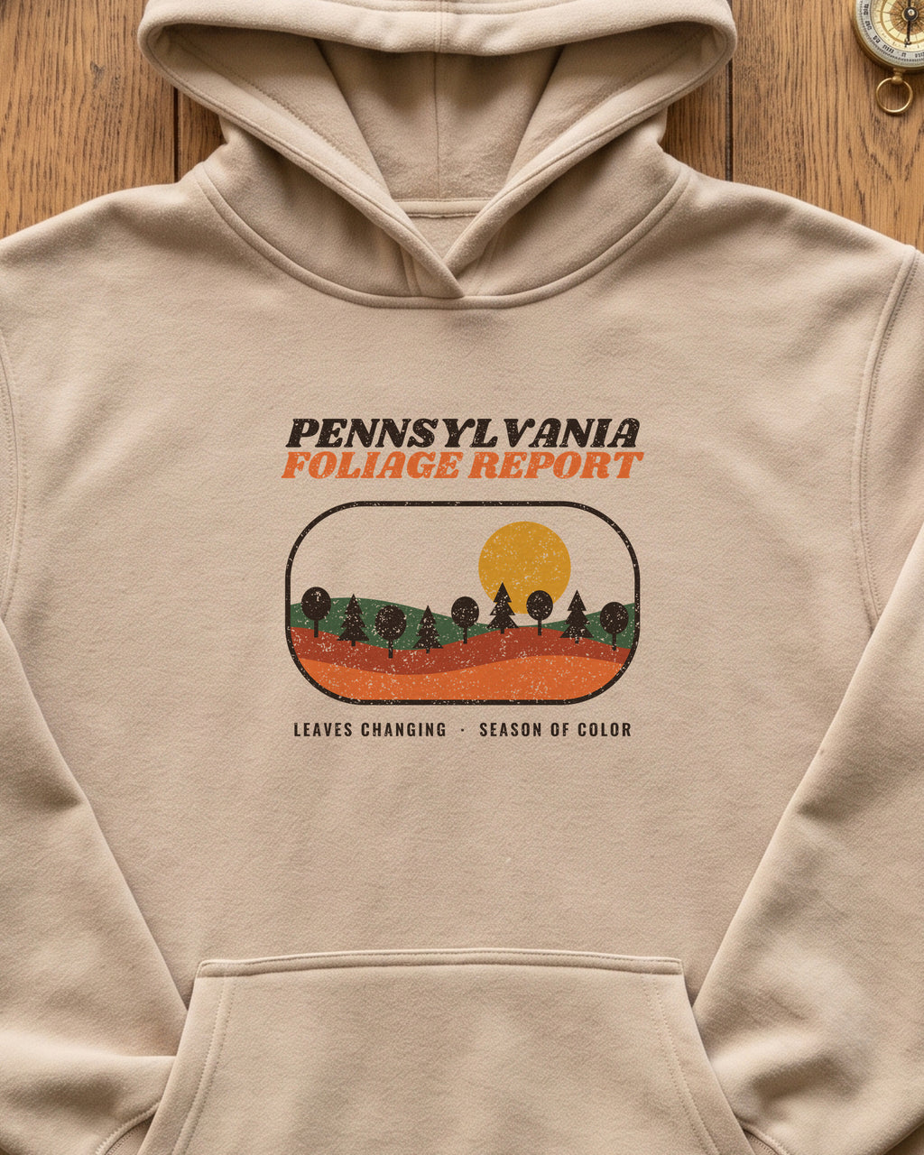 Pennsylvania Foliage Report Retro Landscape Hoodie (close-up)
