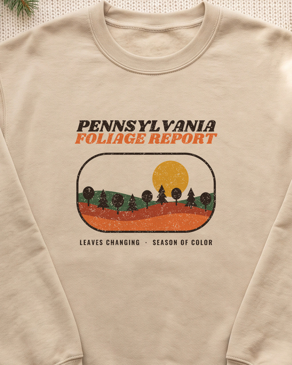 Pennsylvania Foliage Report Retro Landscape Crewneck Sweatshirt (close-up)