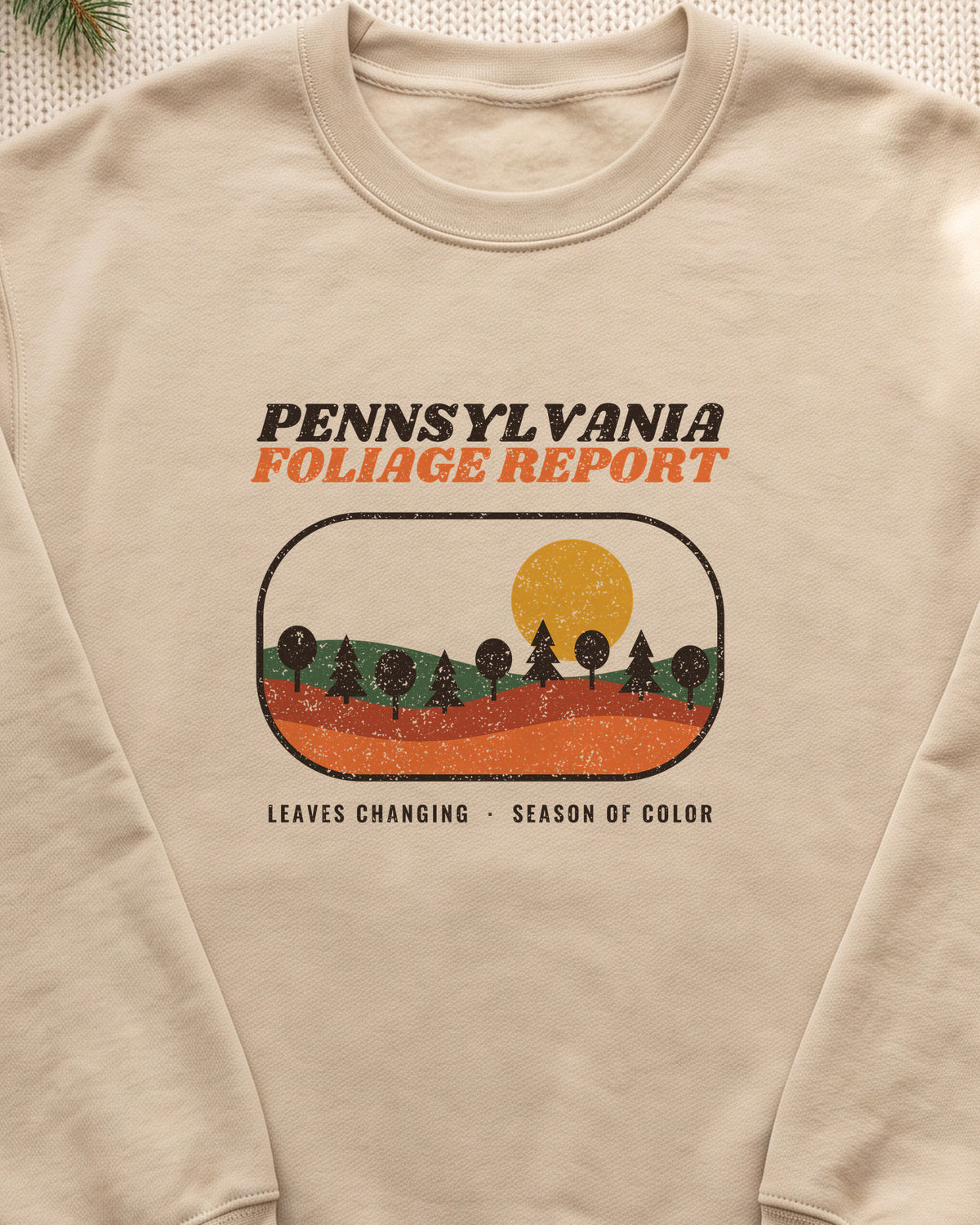 Pennsylvania Foliage Report Retro Landscape Crewneck Sweatshirt (close-up)
