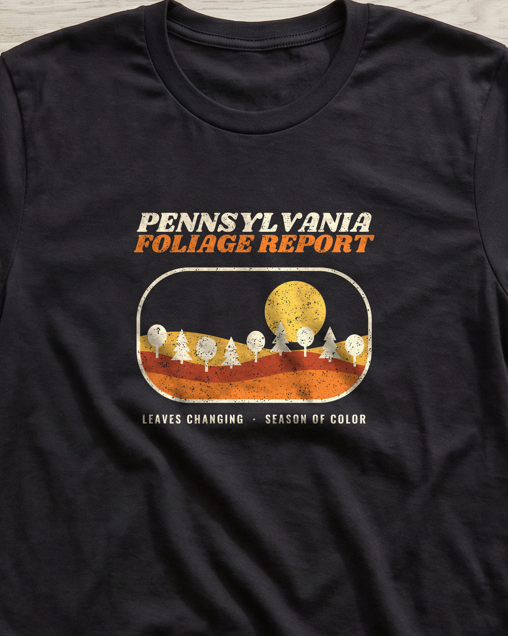Pennsylvania Foliage Report Retro Landscape T-Shirt (close-up)