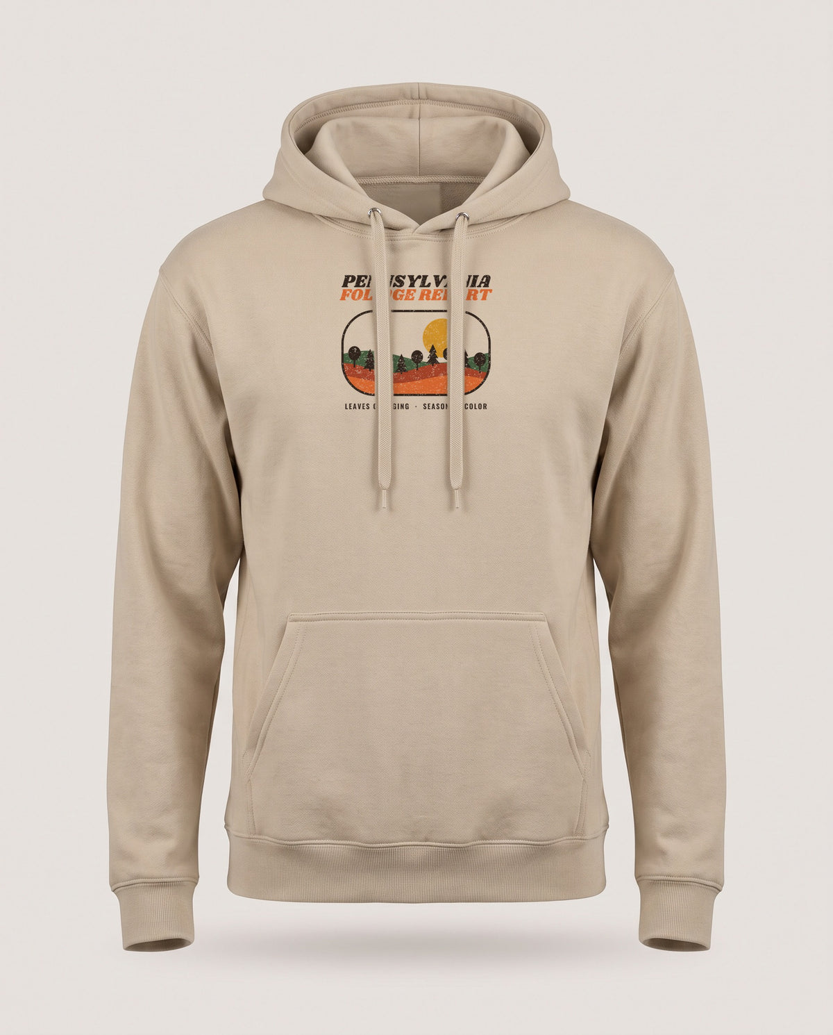 Pennsylvania Foliage Report Retro Landscape Hoodie — Sand (mockup)