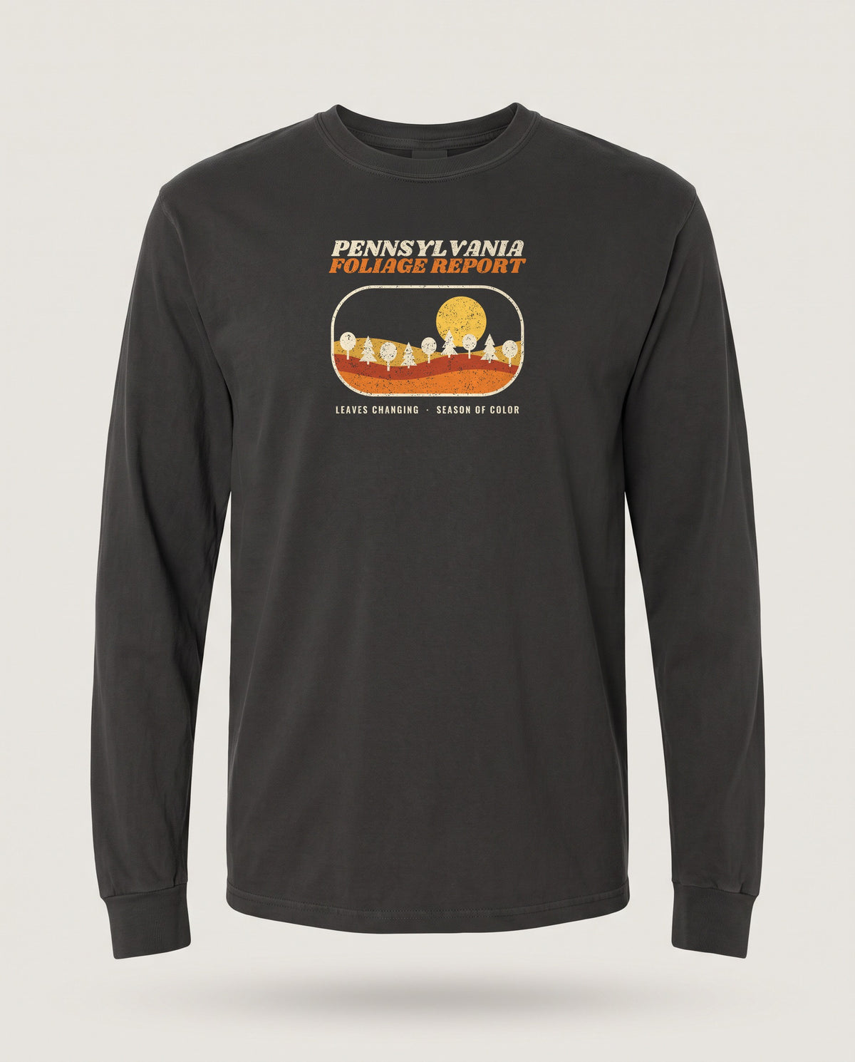 Pennsylvania Foliage Report Retro Landscape Long Sleeve Tee — Black (mockup)