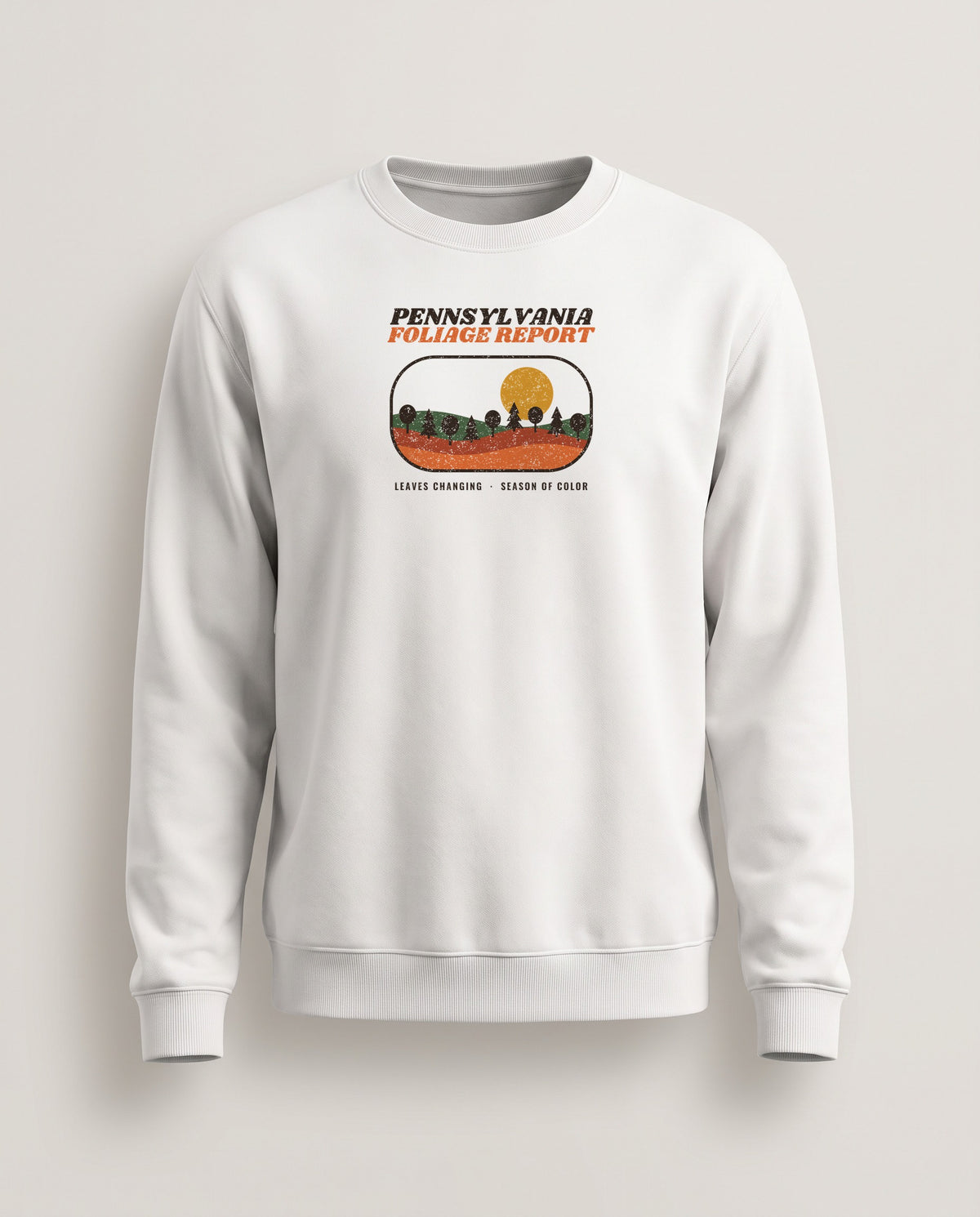 Pennsylvania Foliage Report Retro Landscape Crewneck Sweatshirt — White (mockup)