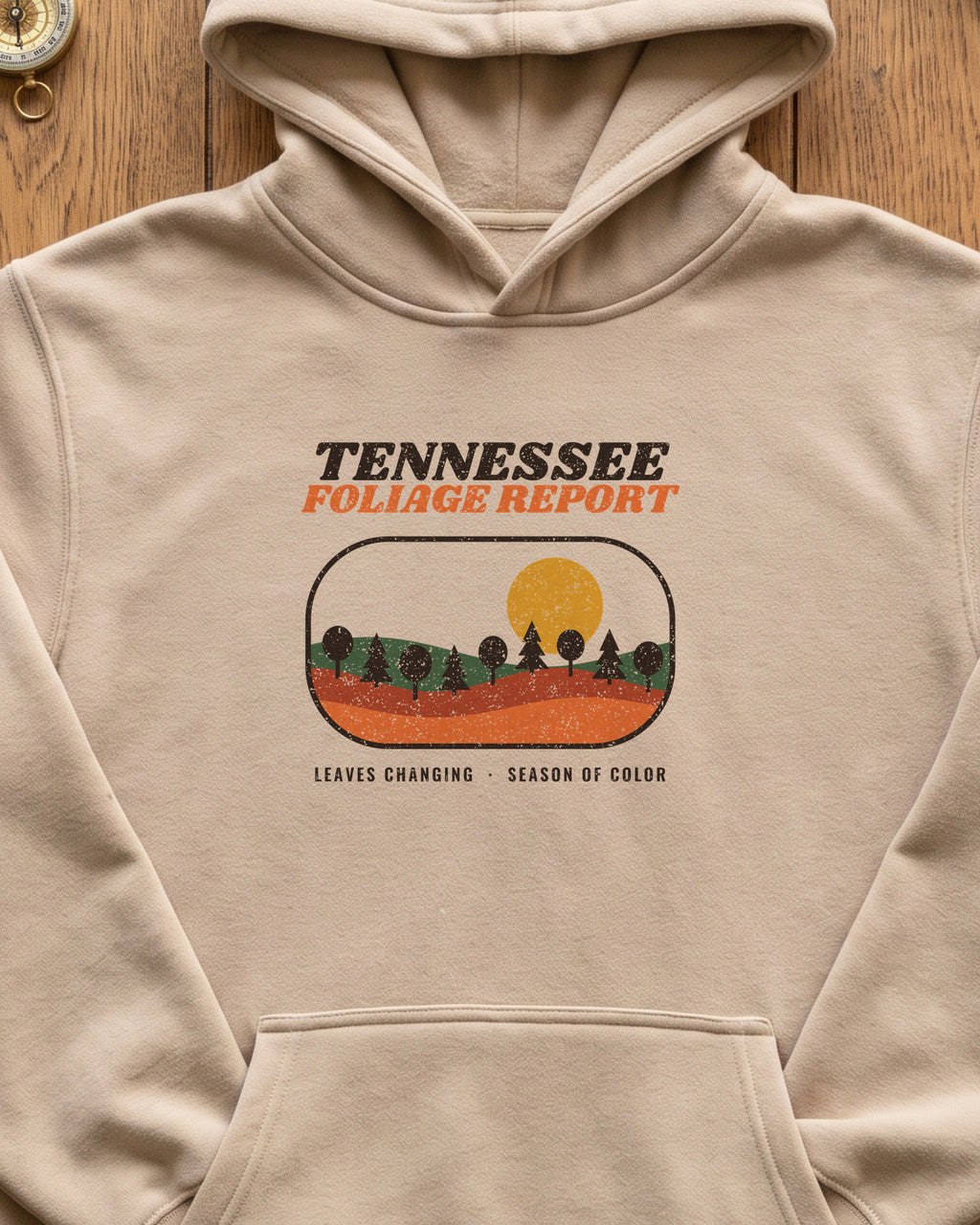 Tennessee Foliage Report Retro Landscape Hoodie (close-up)