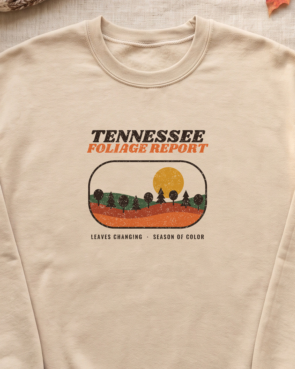 Tennessee Foliage Report Retro Landscape Crewneck Sweatshirt (close-up)