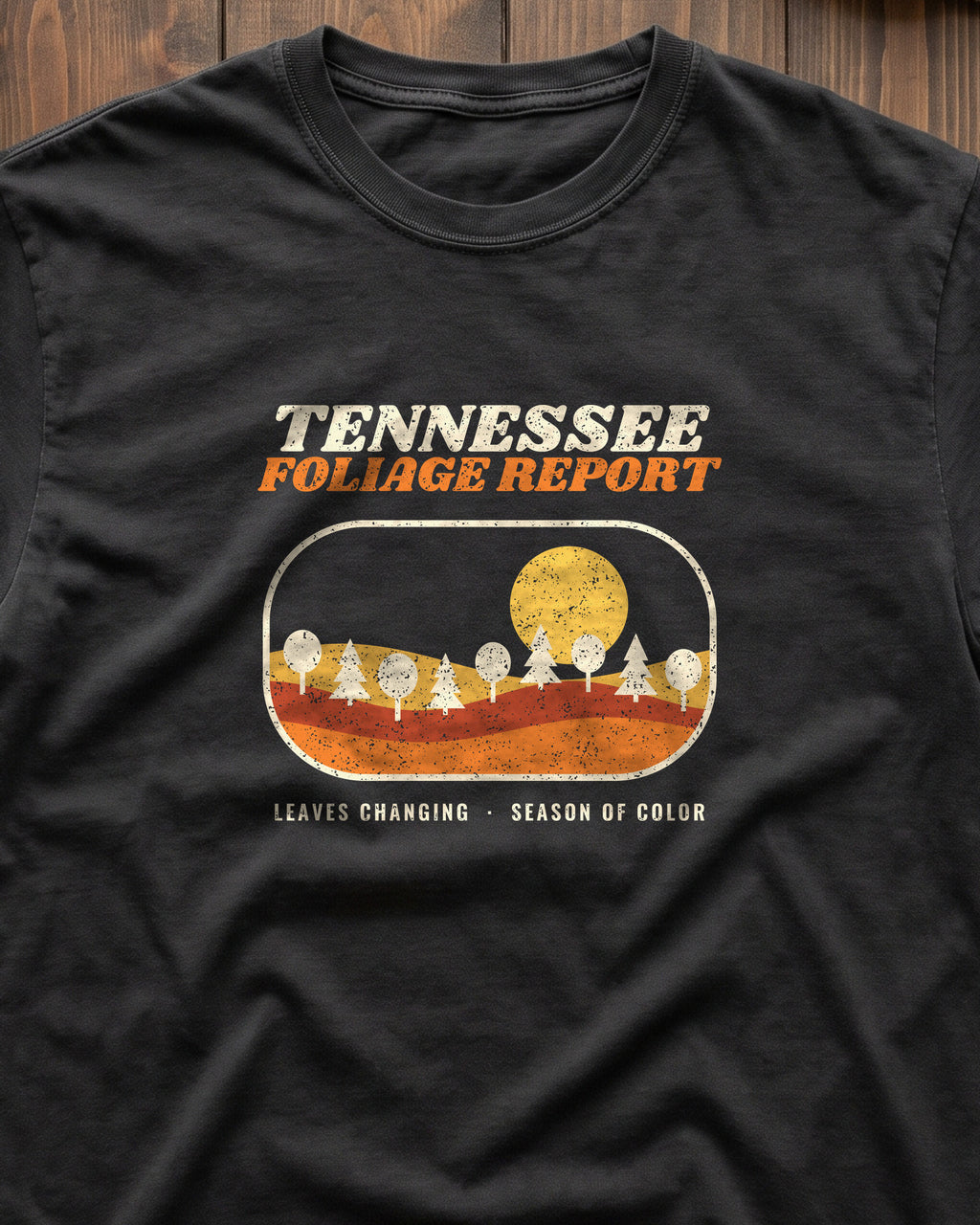 Tennessee Foliage Report Retro Landscape T-Shirt (close-up)