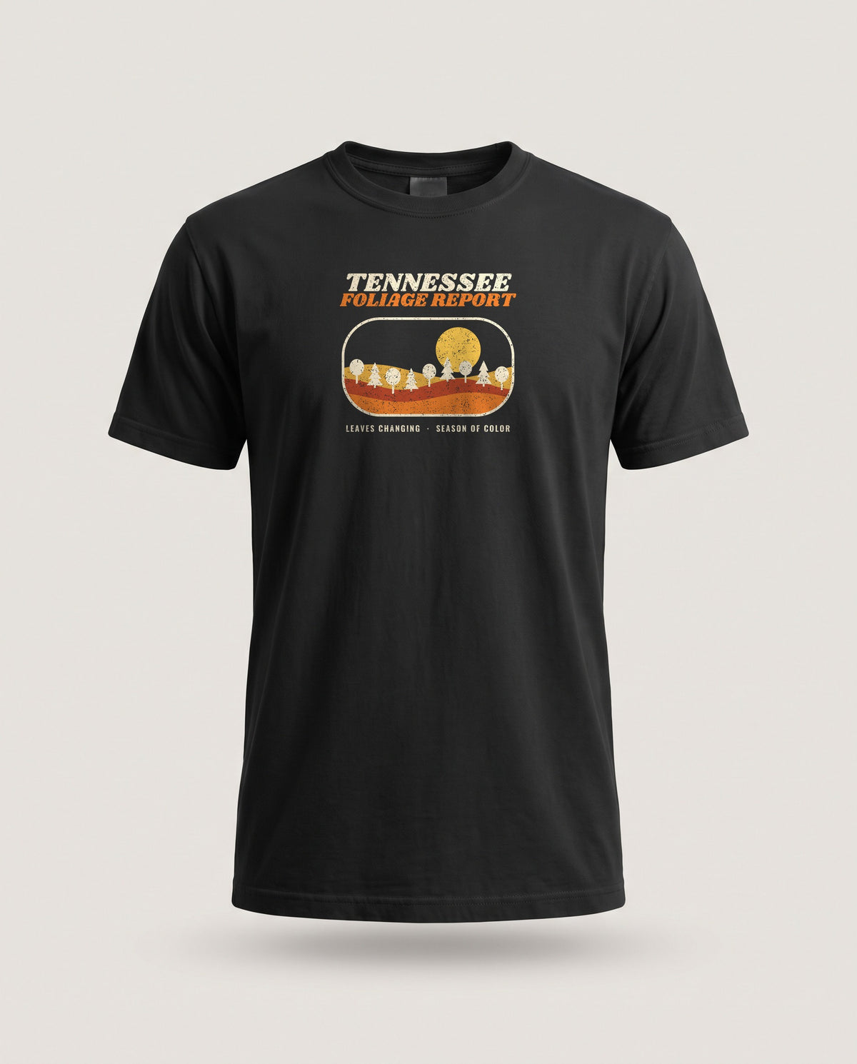 Tennessee Foliage Report Retro Landscape T-Shirt — Black (mockup)
