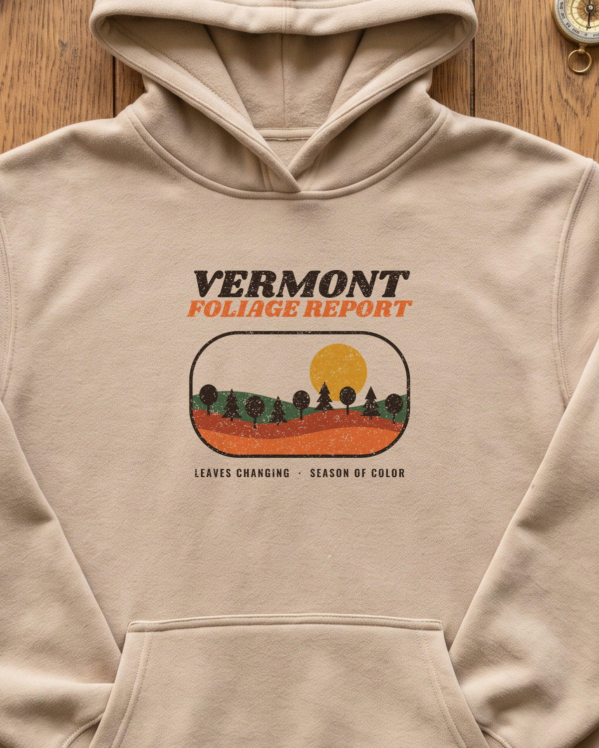 Vermont Foliage Report Retro Landscape Hoodie (close-up)