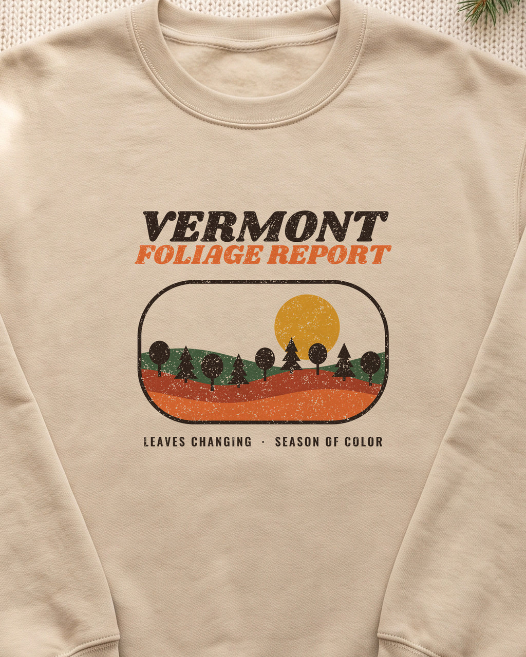 Vermont Foliage Report Retro Landscape Crewneck Sweatshirt (close-up)