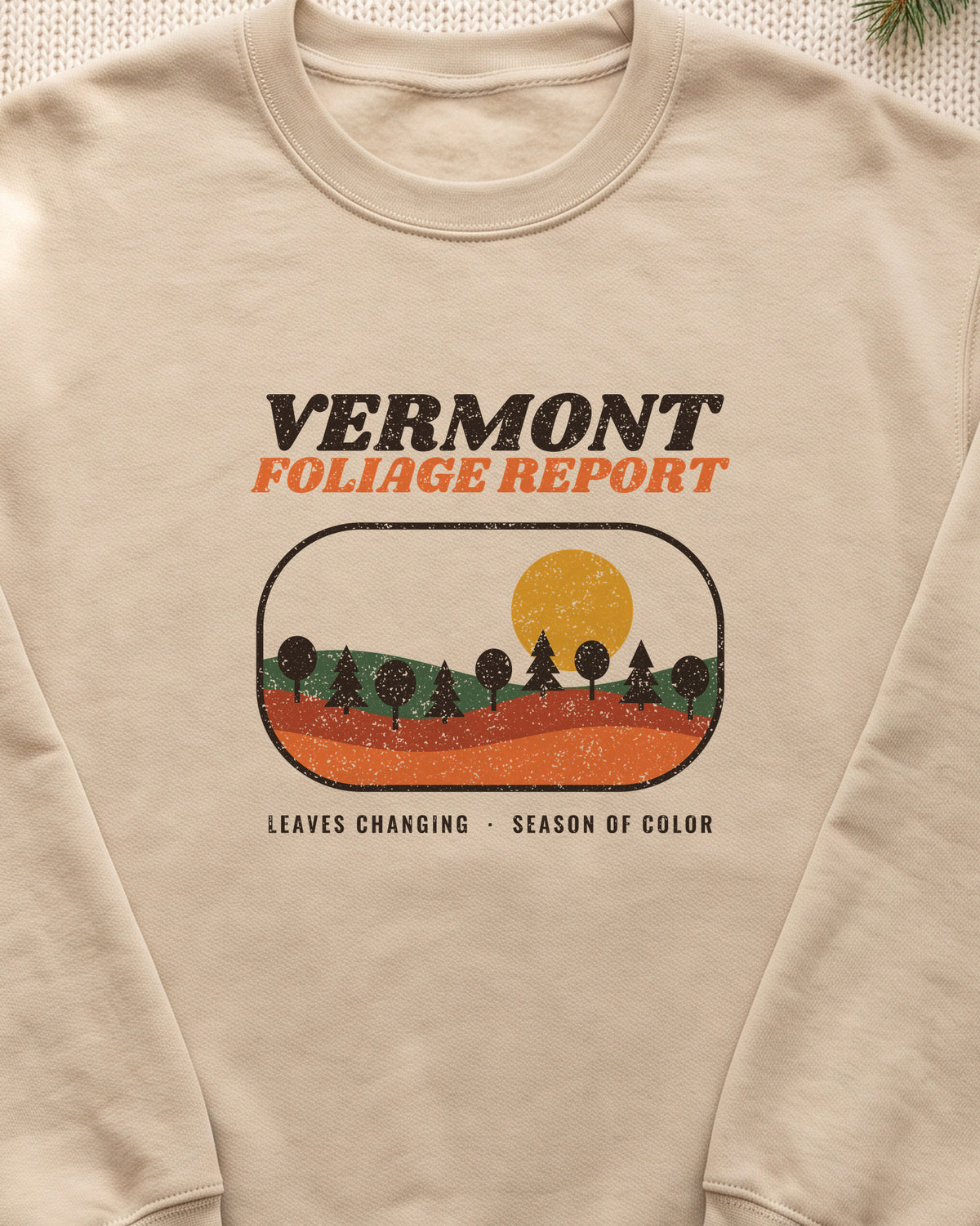 Vermont Foliage Report Retro Landscape Crewneck Sweatshirt (close-up)