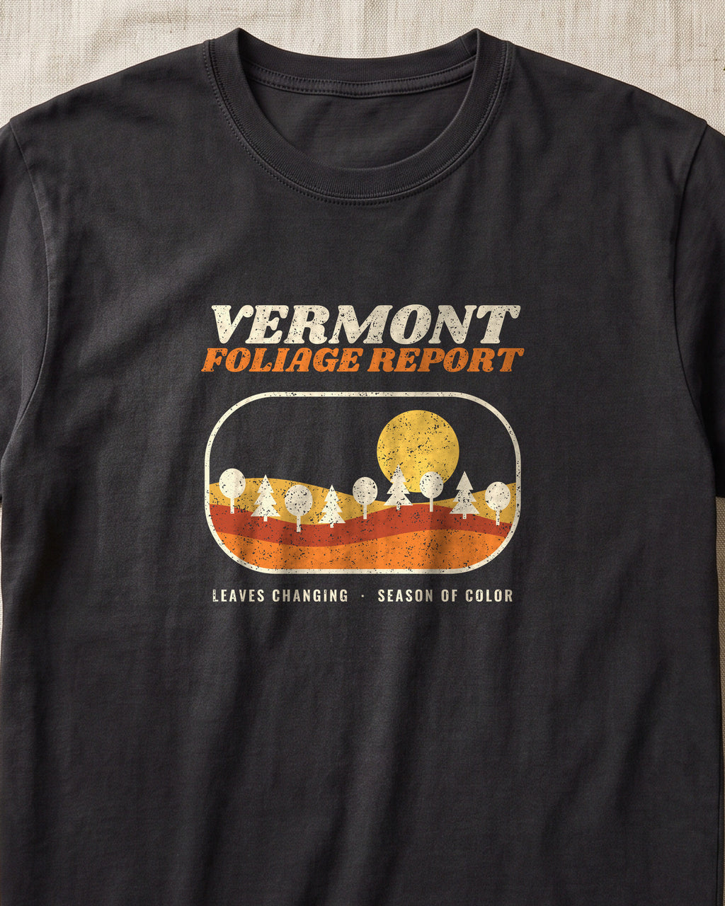 Vermont Foliage Report Retro Landscape T-Shirt (close-up)