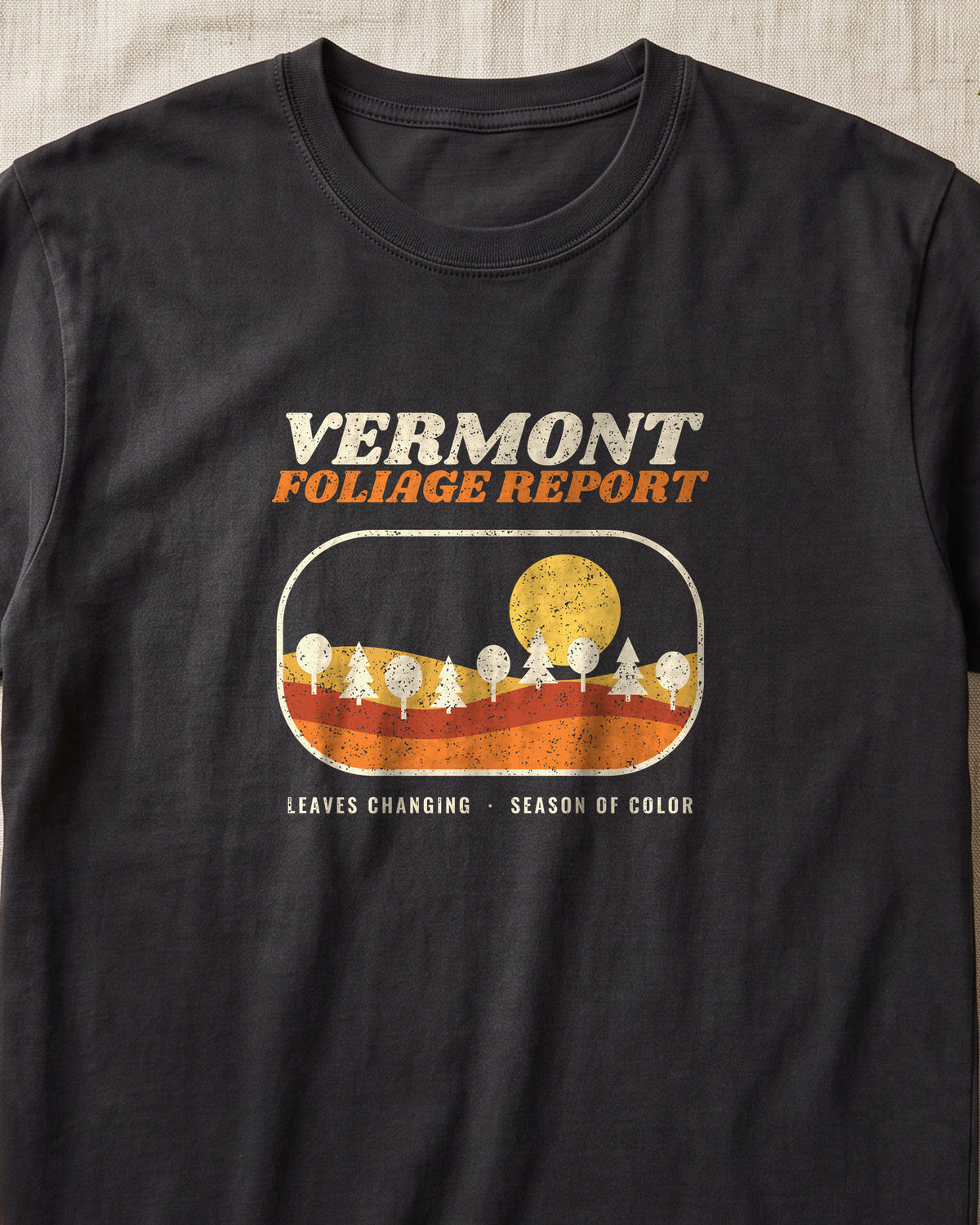 Vermont Foliage Report Retro Landscape T-Shirt (close-up)