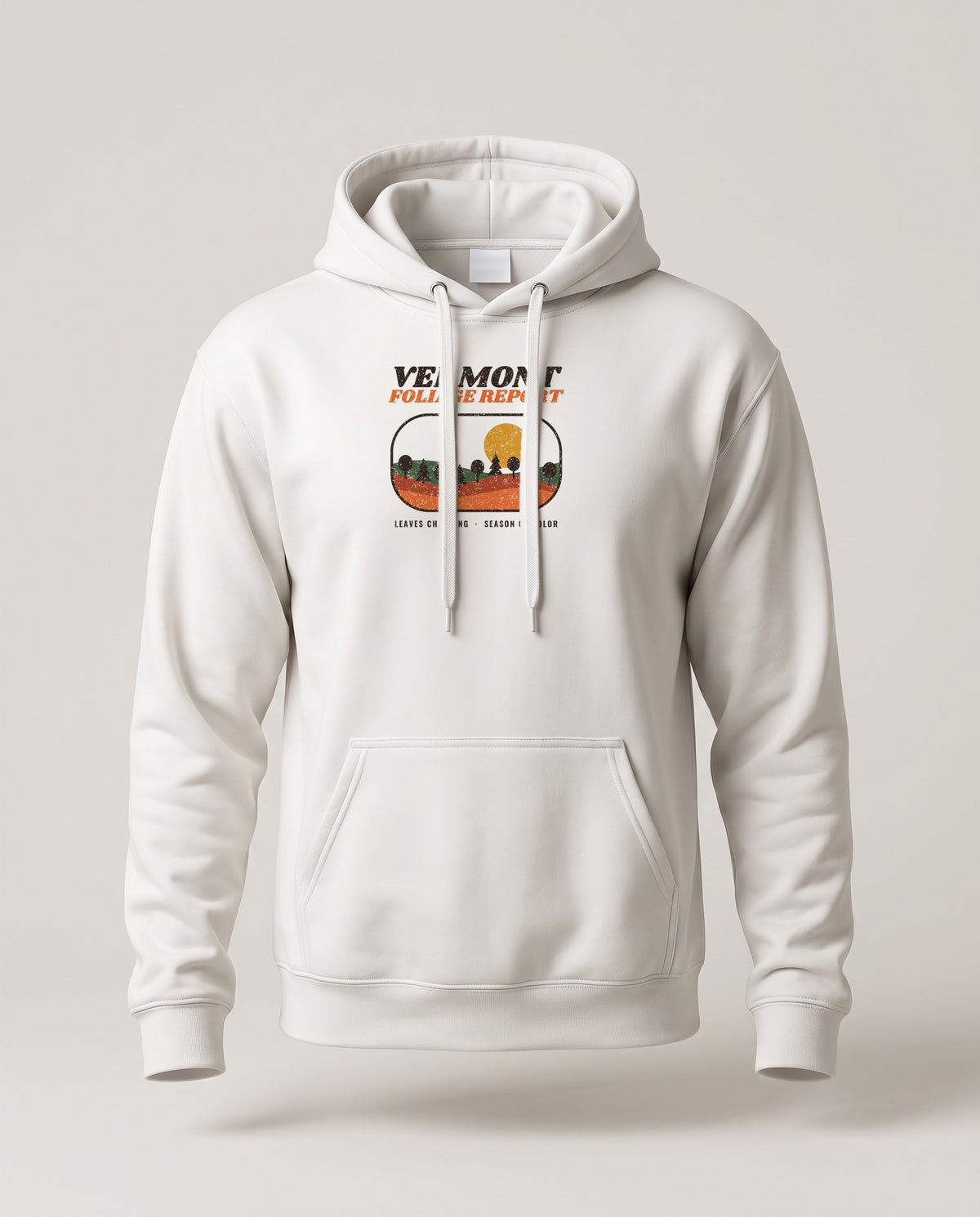 Vermont Foliage Report Retro Landscape Hoodie — White (mockup)