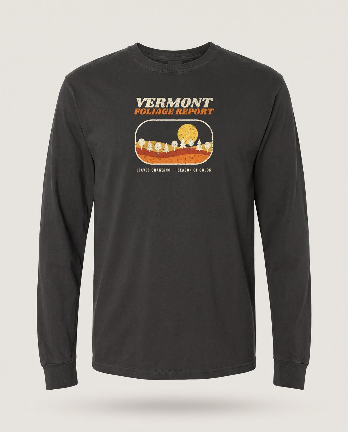Vermont Foliage Report Retro Landscape Long Sleeve Tee — Black (mockup)