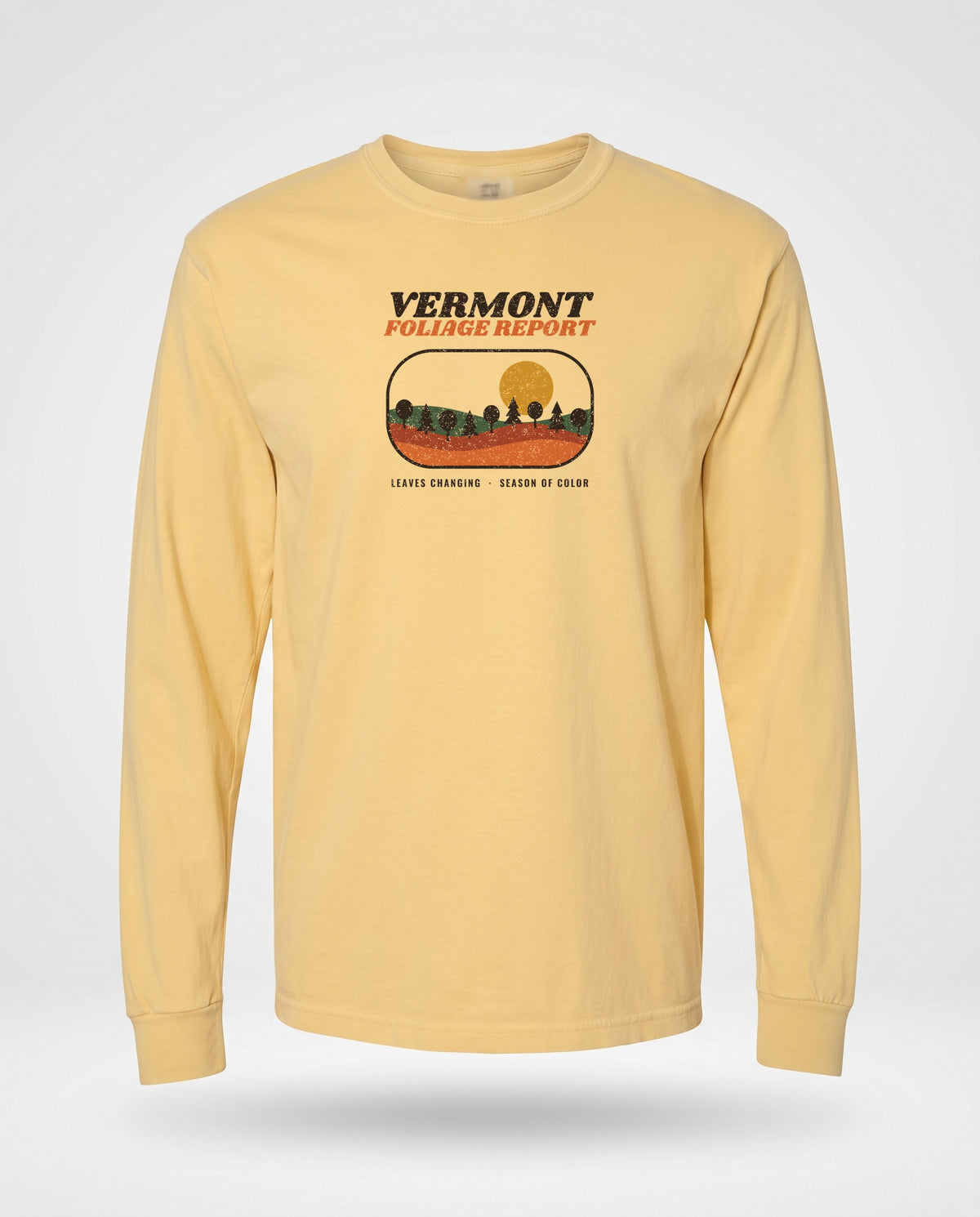 Vermont Foliage Report Retro Landscape Long Sleeve Tee — Butter (mockup)