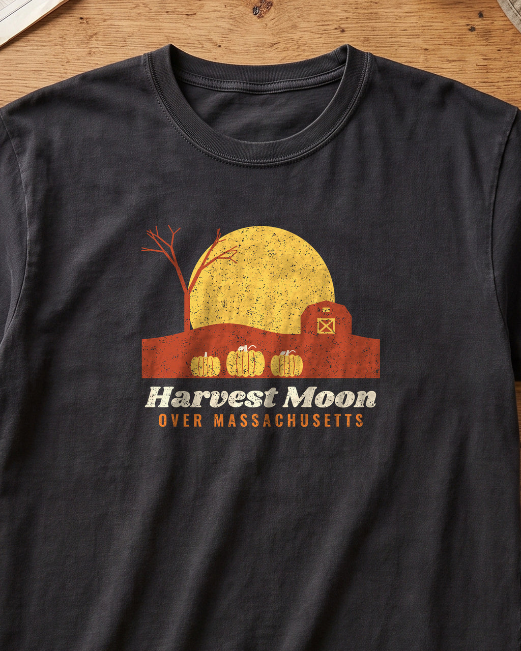 Harvest Moon Over Massachusetts Barn T-Shirt (close-up)