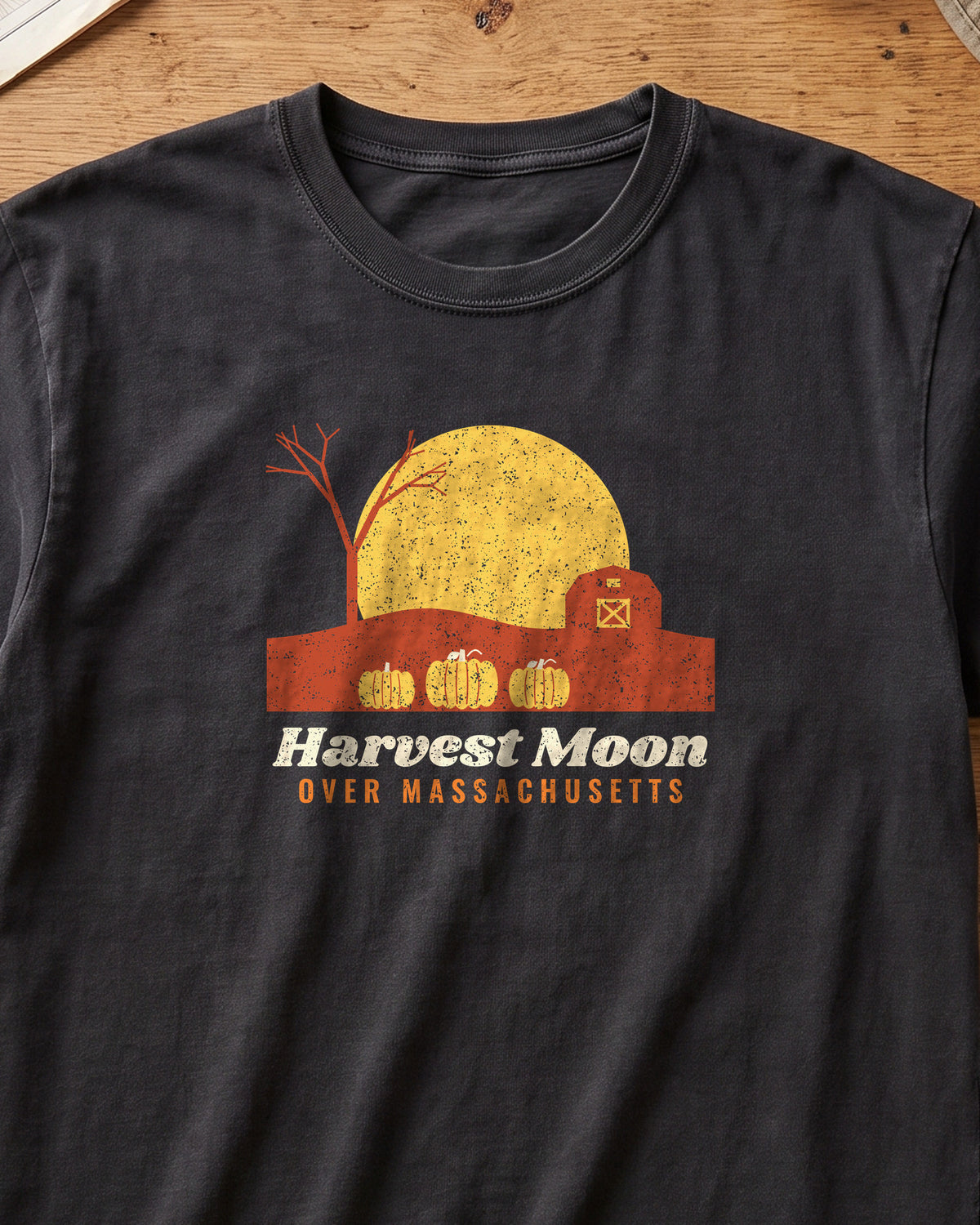 Harvest Moon Over Massachusetts Barn T-Shirt (close-up)