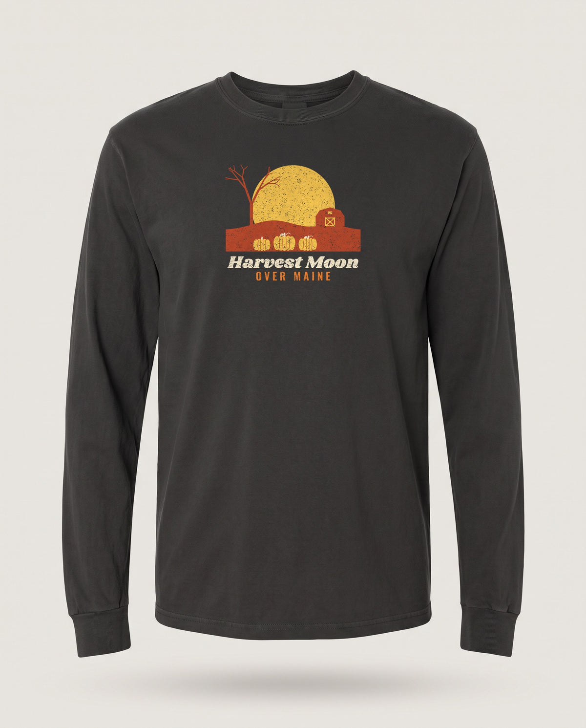 Harvest Moon Over Maine Barn Long Sleeve Tee — Black (mockup)