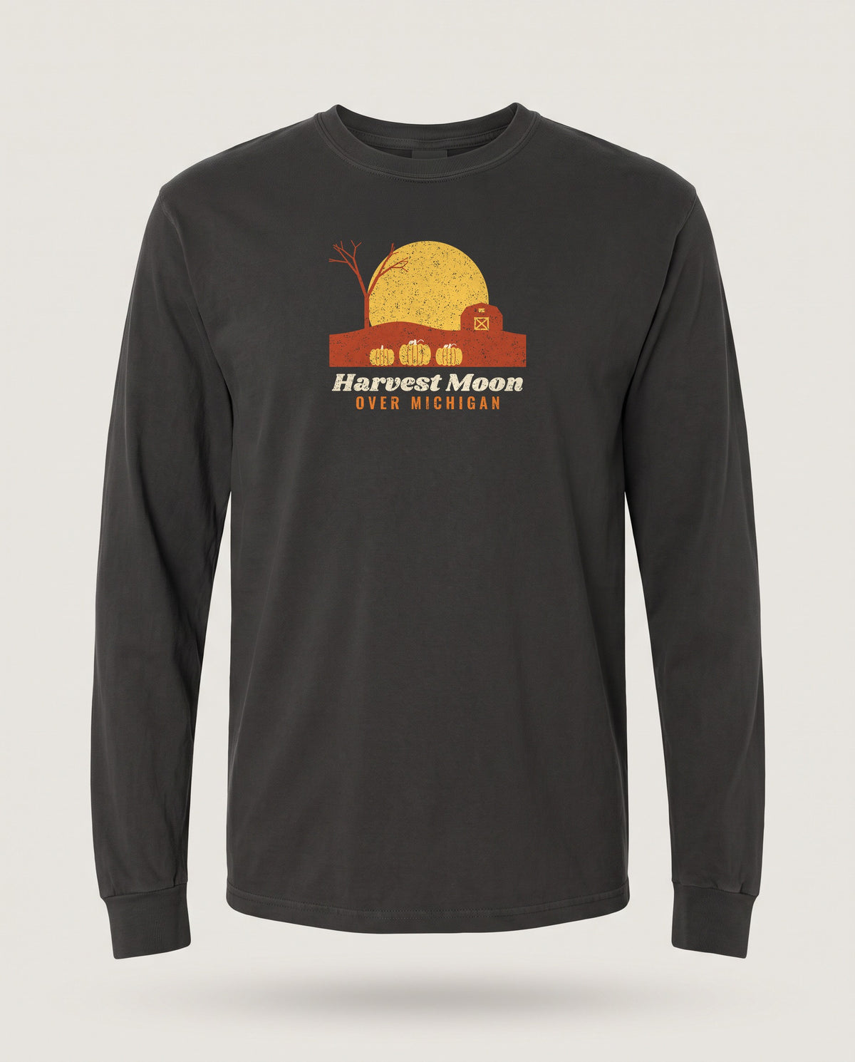 Harvest Moon Over Michigan Barn Long Sleeve Tee — Black (mockup)