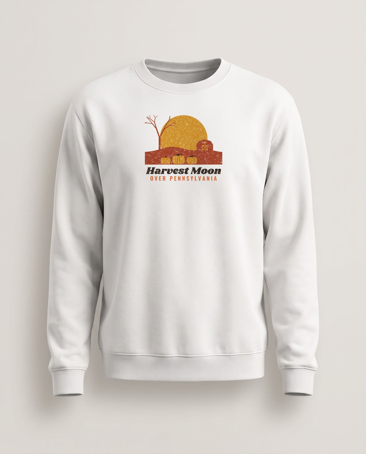 Harvest Moon Over Pennsylvania Barn Crewneck Sweatshirt — White (mockup)