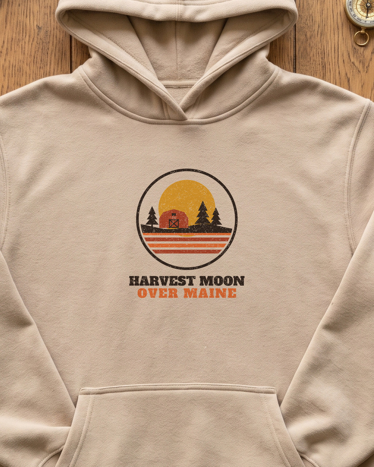 Harvest Moon Over Maine Retro Badge Hoodie (close-up)