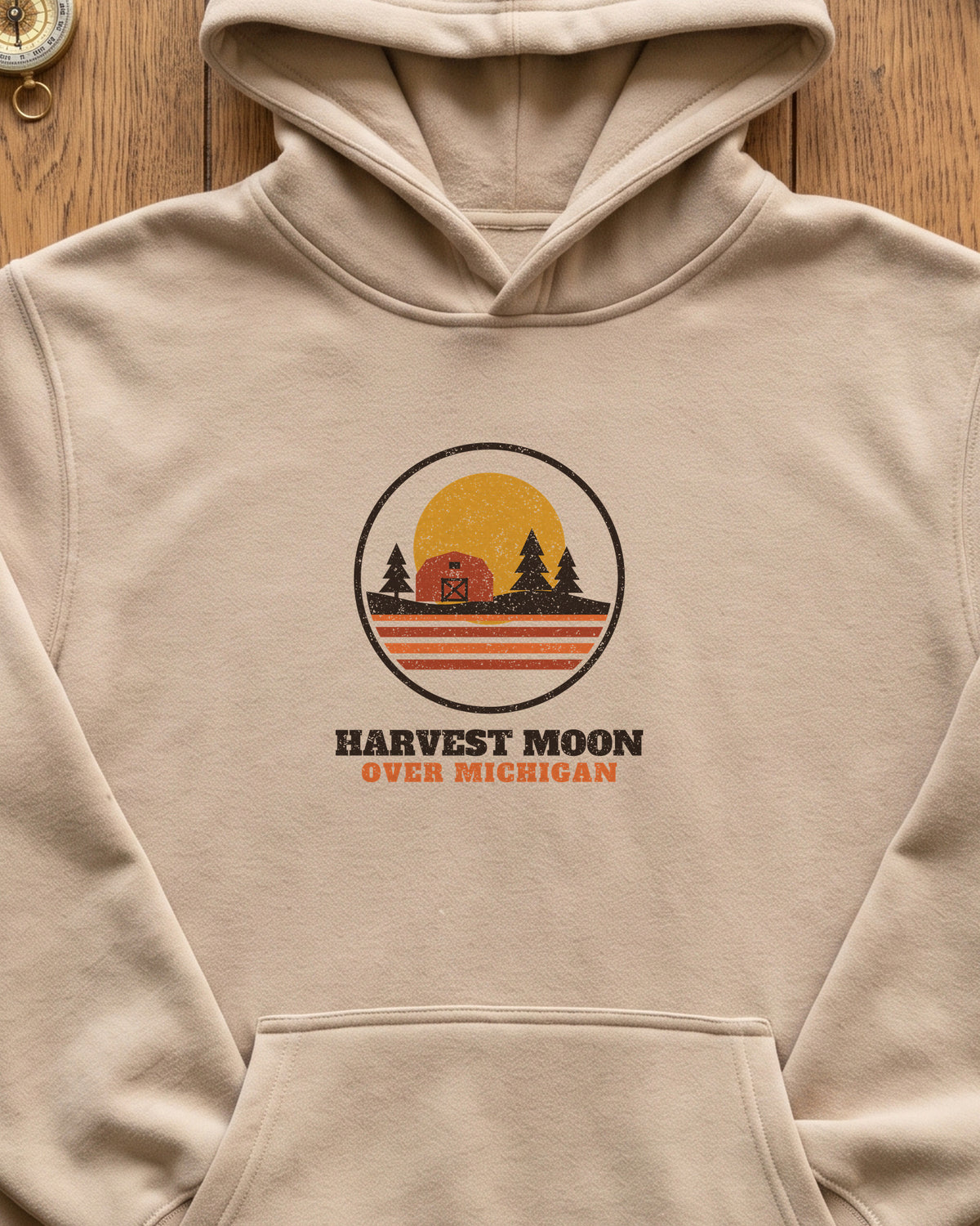 Harvest Moon Over Michigan Retro Badge Hoodie (close-up)