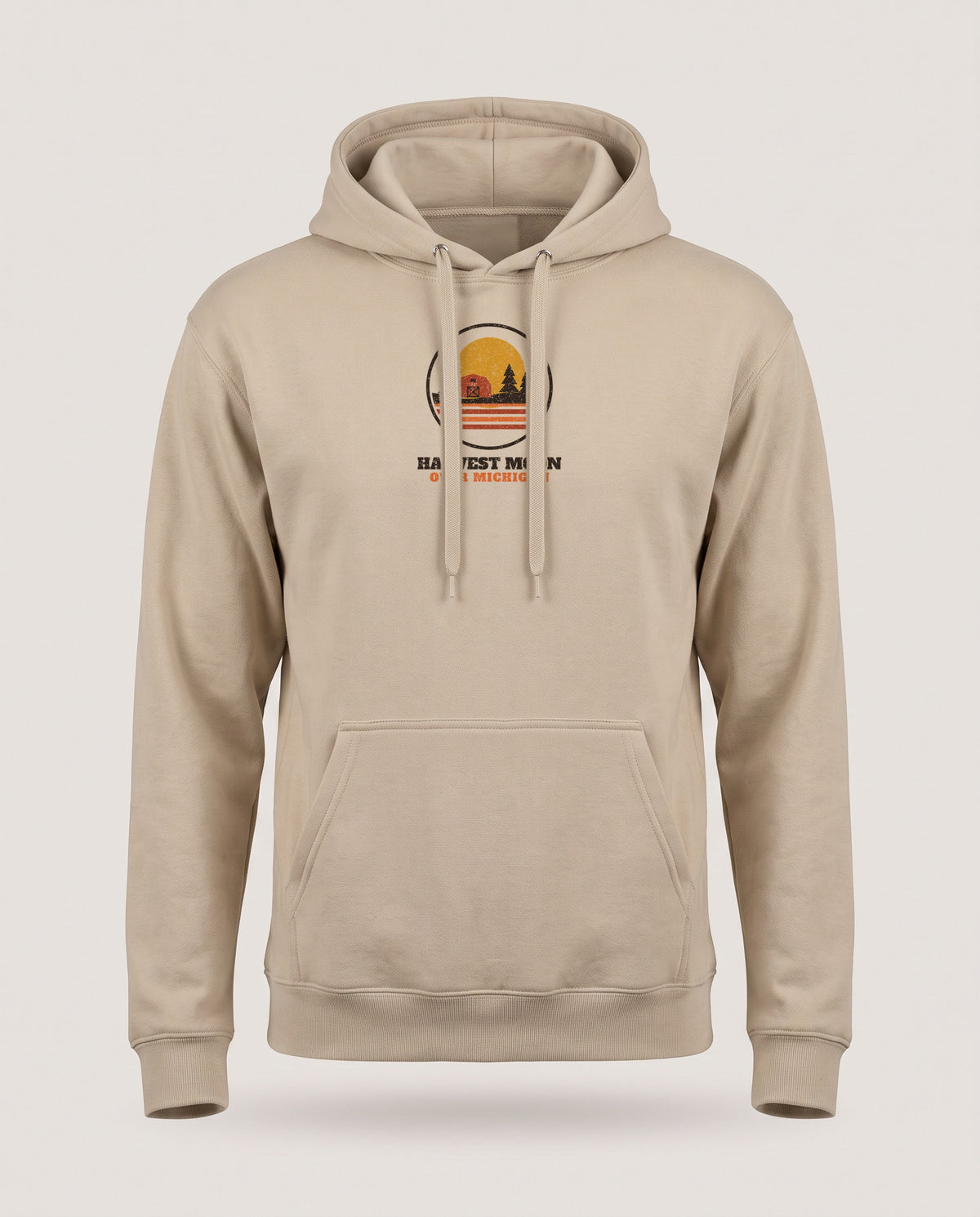 Harvest Moon Over Michigan Retro Badge Hoodie — Sand (mockup)
