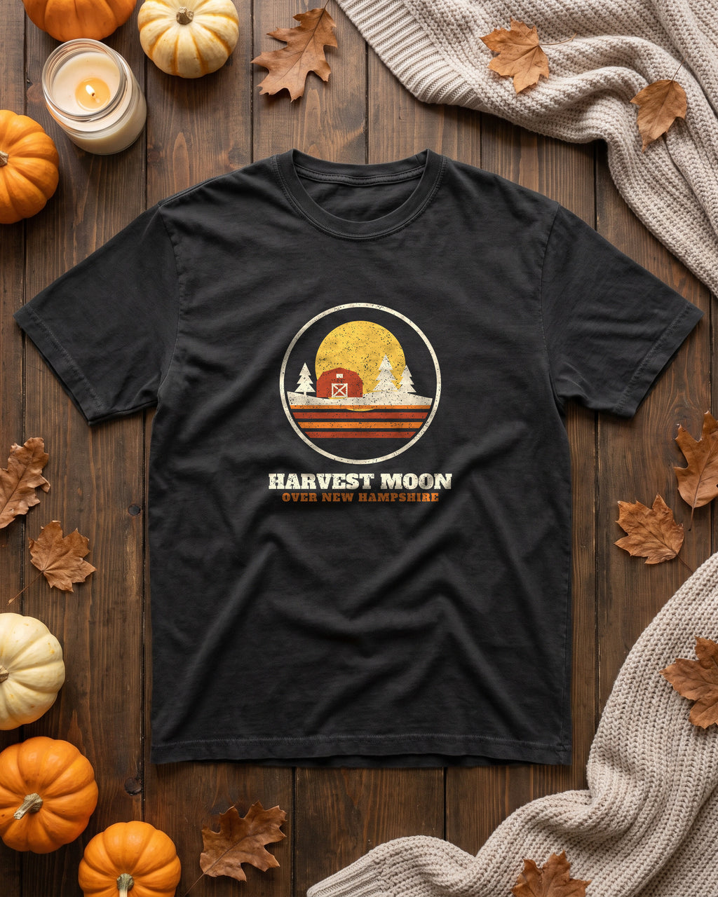 Harvest Moon Over New Hampshire Retro Badge T-Shirt (photo)