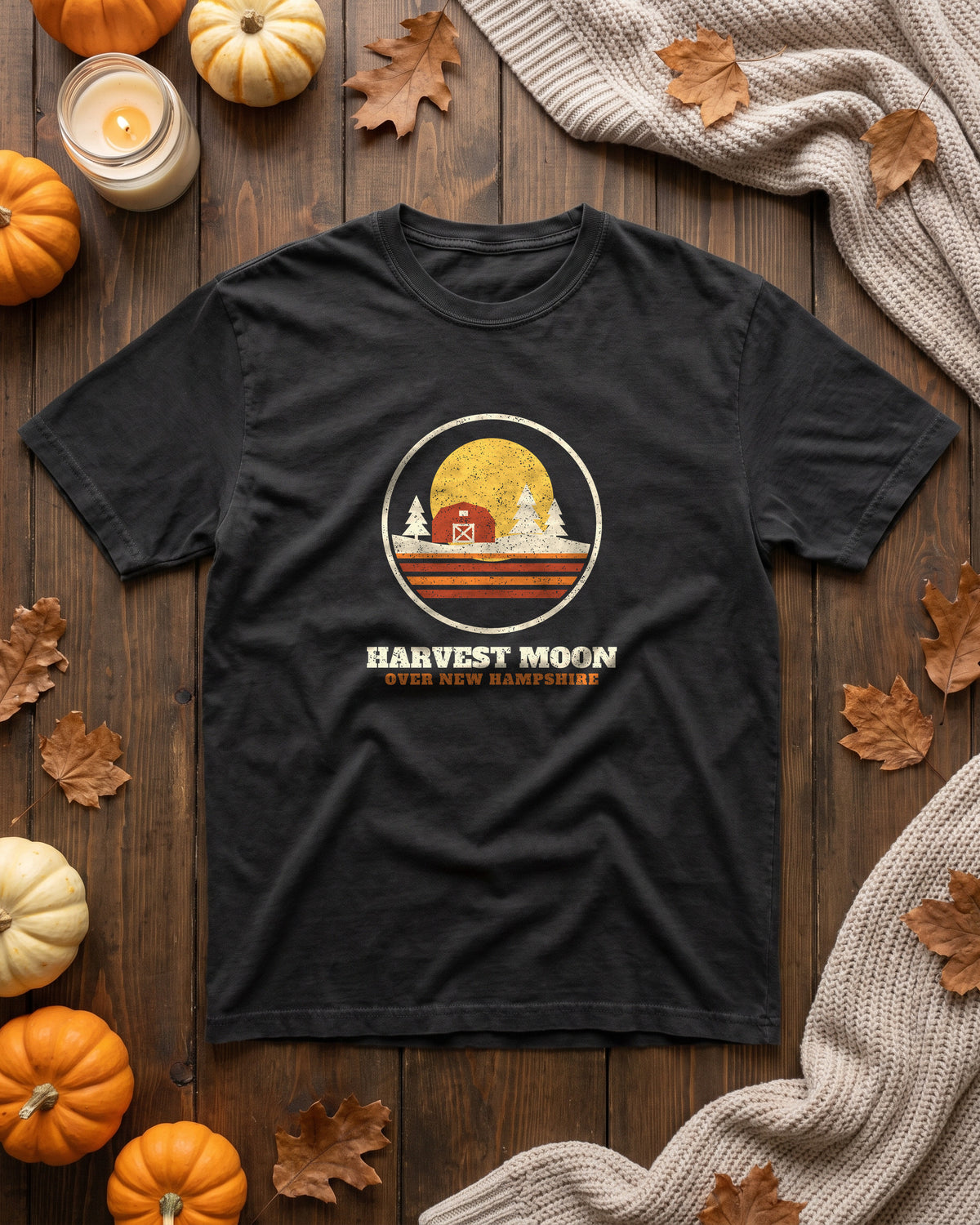 Harvest Moon Over New Hampshire Retro Badge T-Shirt (photo)