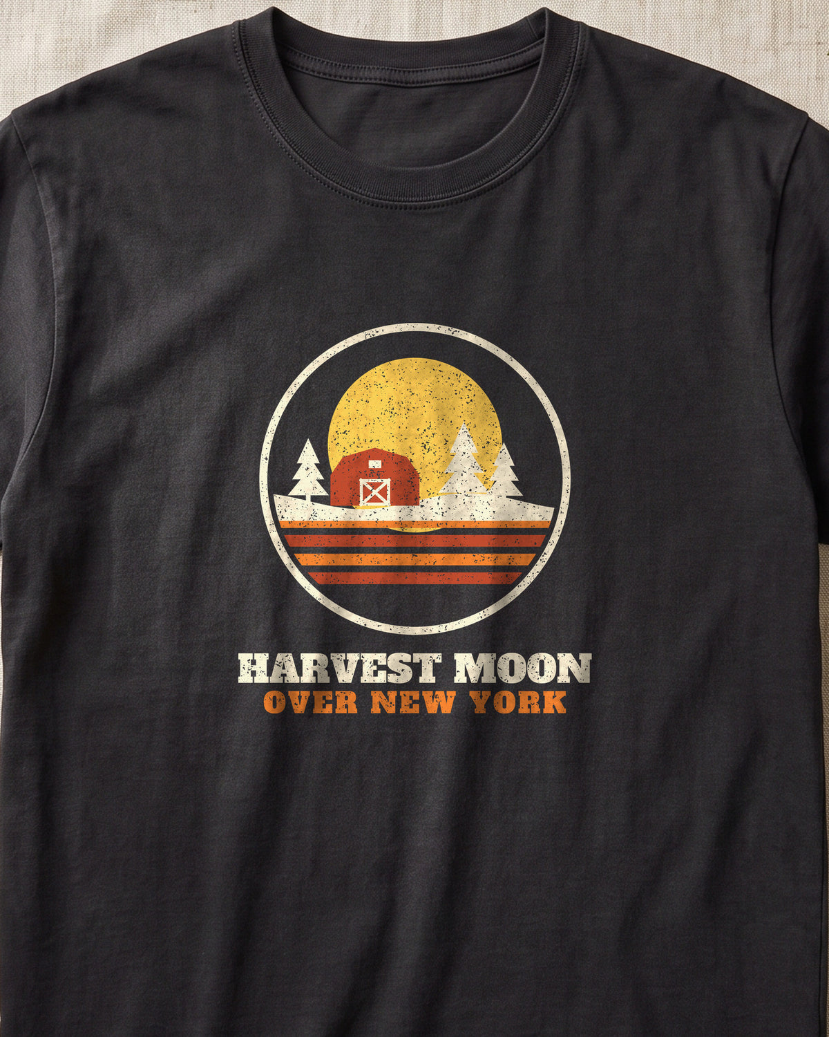 Harvest Moon Over New York Retro Badge T-Shirt (close-up)