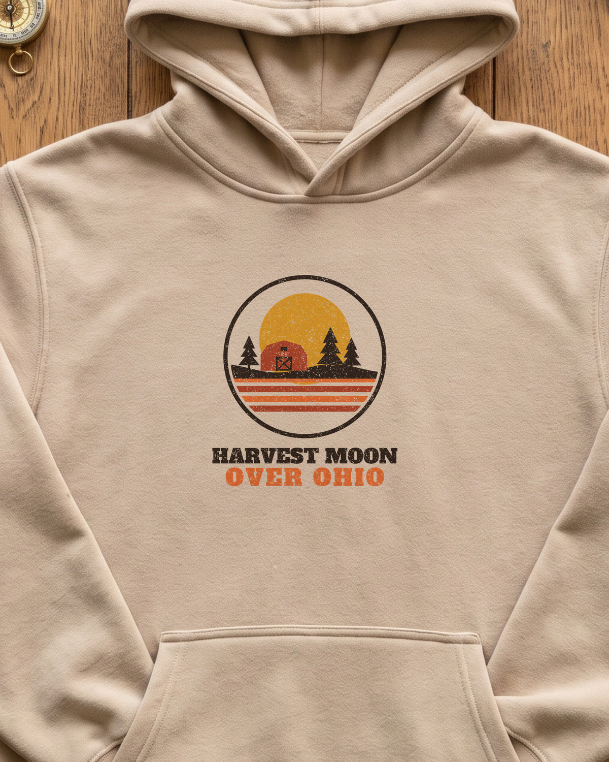 Harvest Moon Over Ohio Retro Badge Hoodie (close-up)