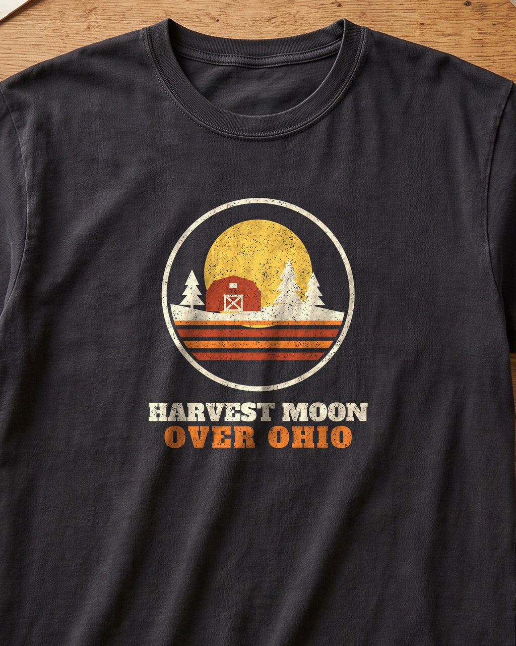 Harvest Moon Over Ohio Retro Badge T-Shirt (close-up)