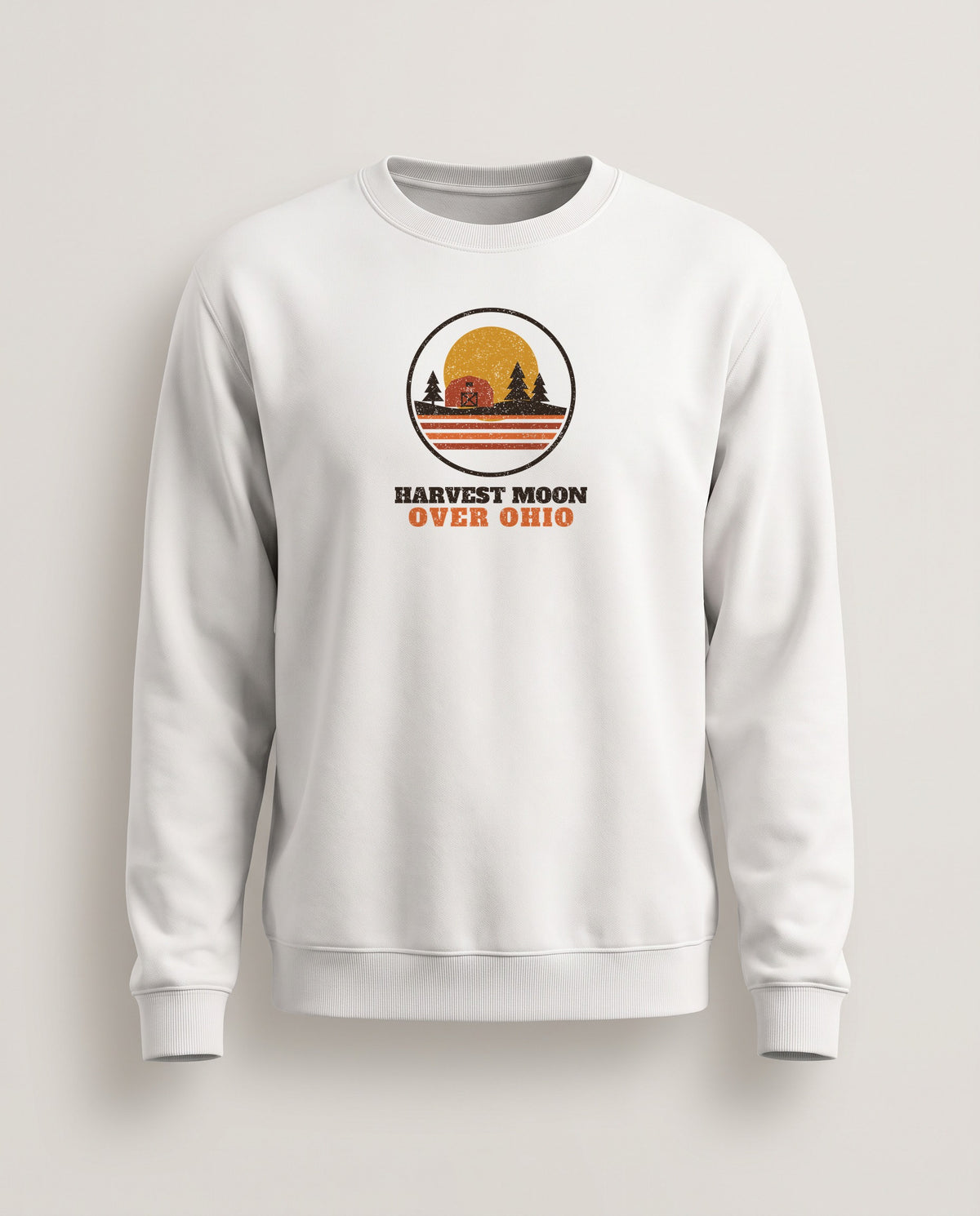 Harvest Moon Over Ohio Retro Badge Crewneck Sweatshirt — White (mockup)