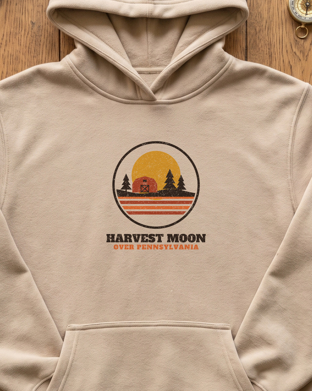 Harvest Moon Over Pennsylvania Retro Badge Hoodie (close-up)