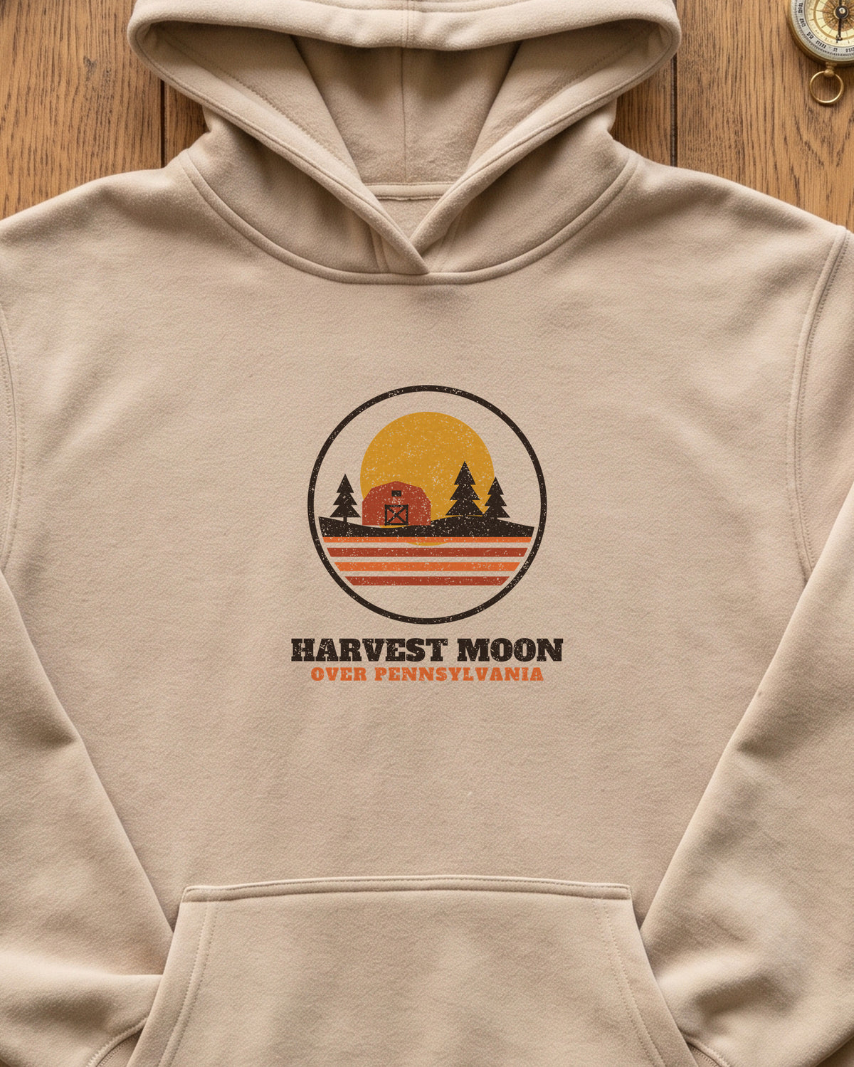 Harvest Moon Over Pennsylvania Retro Badge Hoodie (close-up)