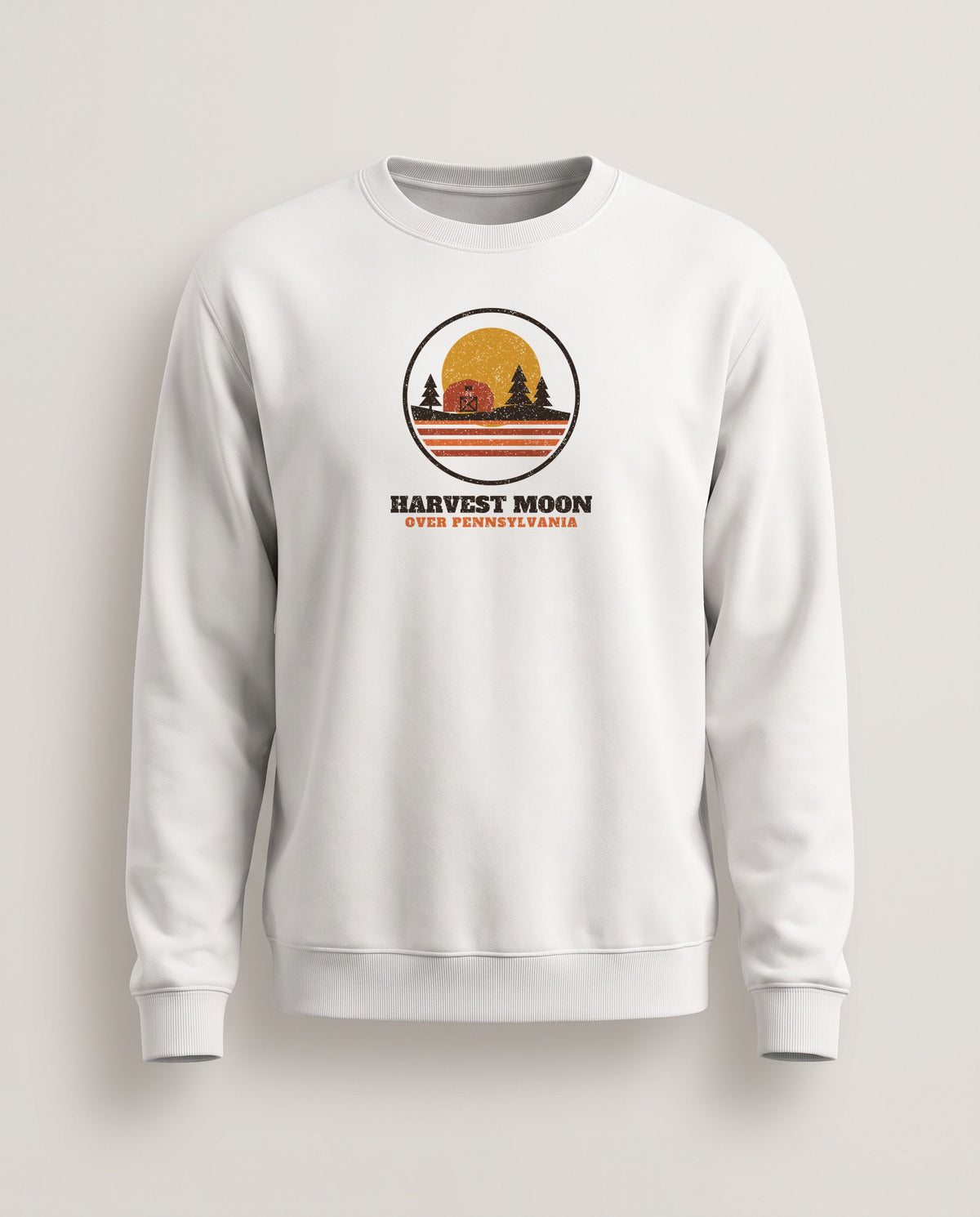Harvest Moon Over Pennsylvania Retro Badge Crewneck Sweatshirt — White (mockup)